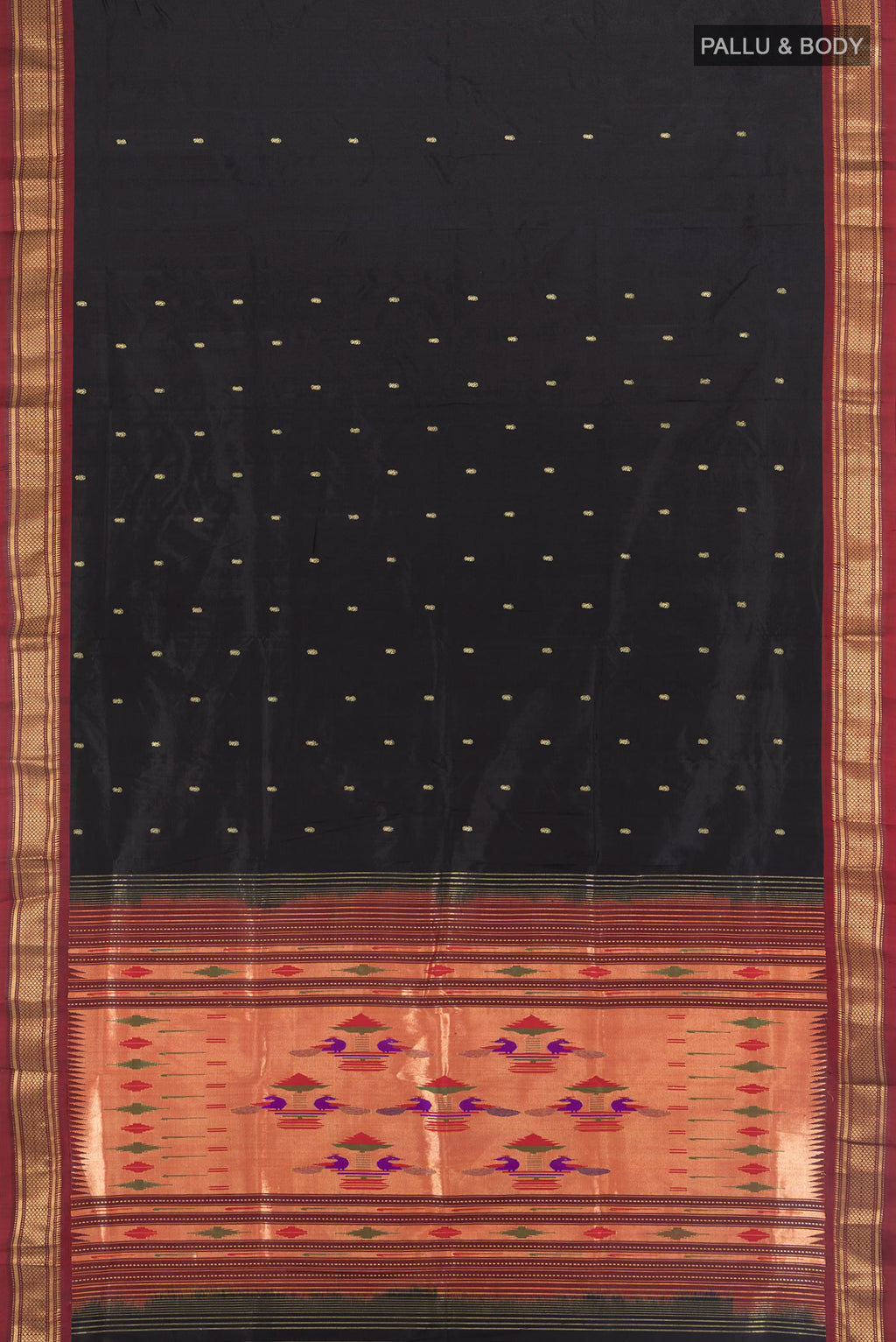 Flat view of Black Paithani Silk Saree with Zari Butta on the body and Zari Border. 