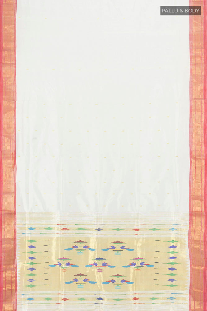 Flat view of Cream Paithani Silk Saree with Zari Butta on the body and Silk Border. 