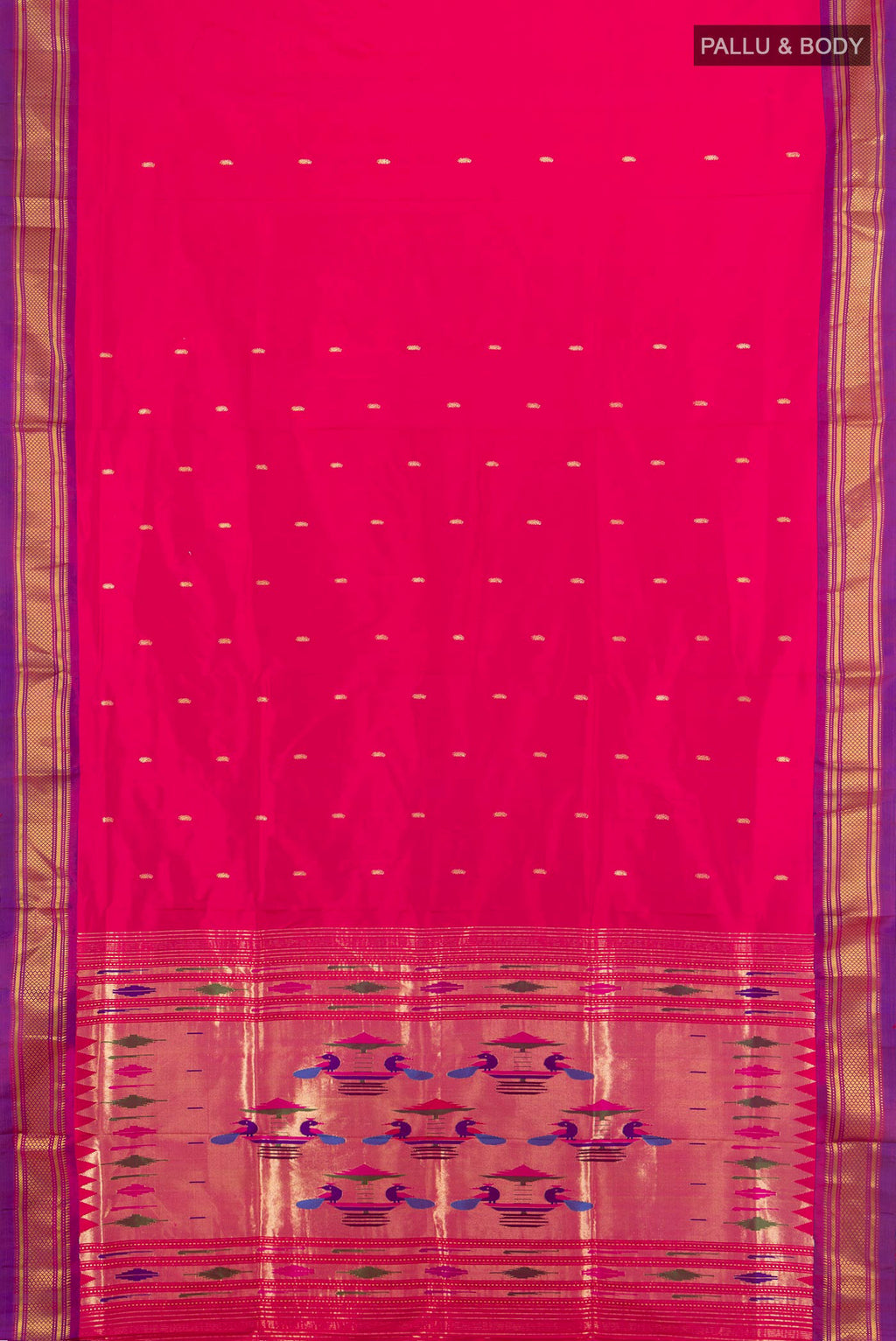Flat view of Pure Silk Rani Pink Paithani Saree with Zari Butta on the body and Zari Border. 