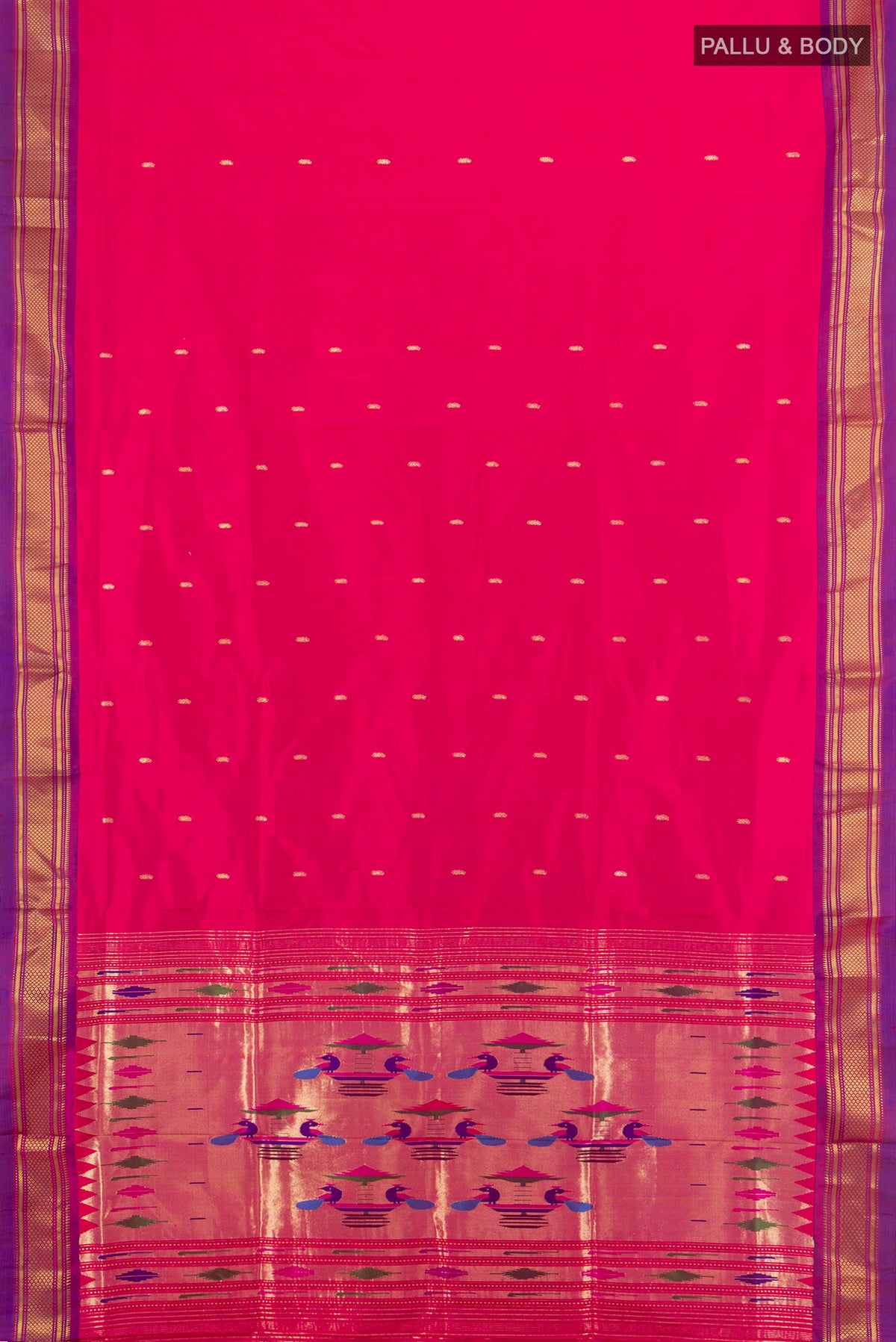 Flat view of Pure Silk Rani Pink Paithani Saree with Zari Butta on the body and Zari Border. 