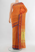 Mustard Paithani Silk Saree with Zari Butta on the body and Zari Border.  displayed on a mannequin