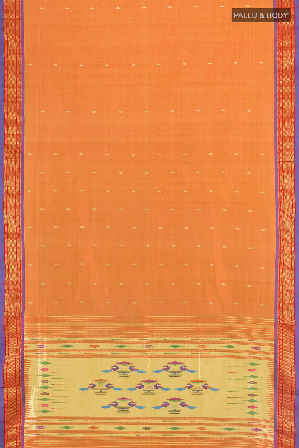 Flat view of Mustard Paithani Silk Saree with Zari Butta on the body and Zari Border. 