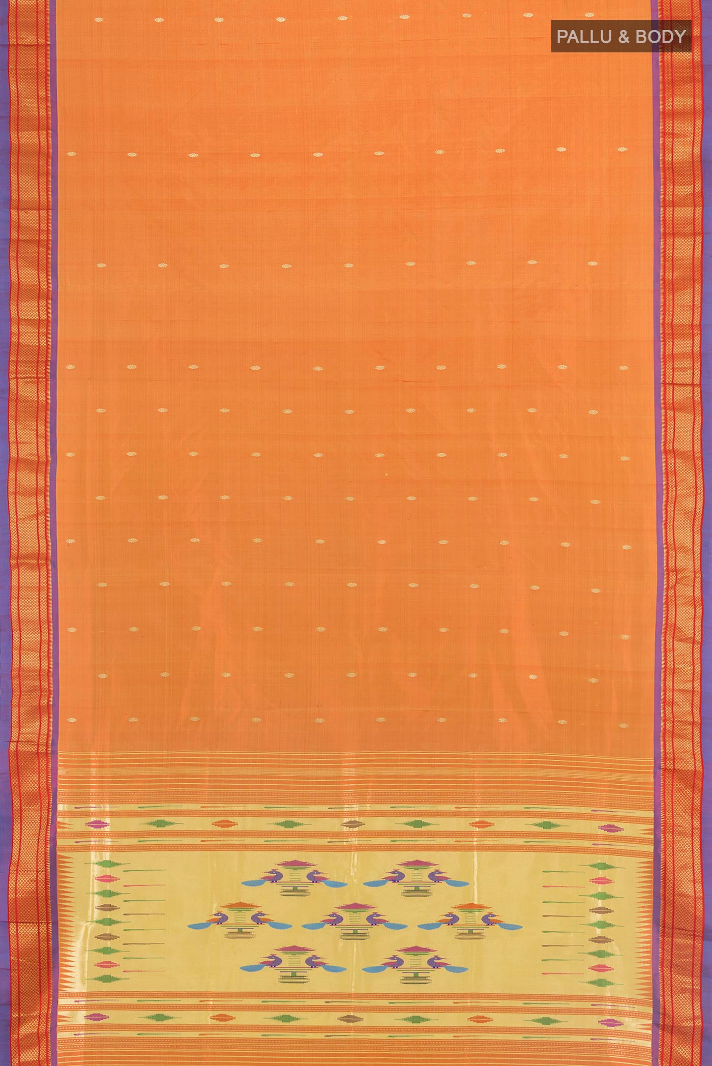 Flat view of Mustard Paithani Silk Saree with Zari Butta on the body and Zari Border. 