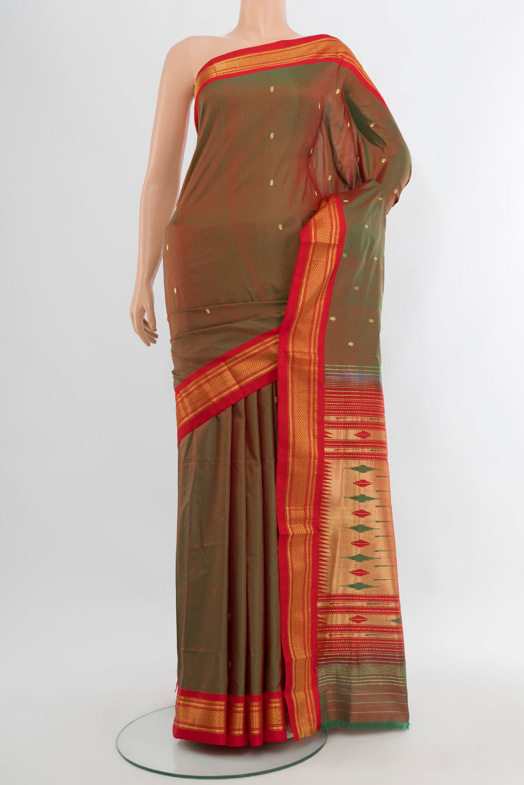 Mehandi Green Dual Tone Paithani Silk Saree with Zari Butta on the body and Zari Border.  displayed on a mannequin