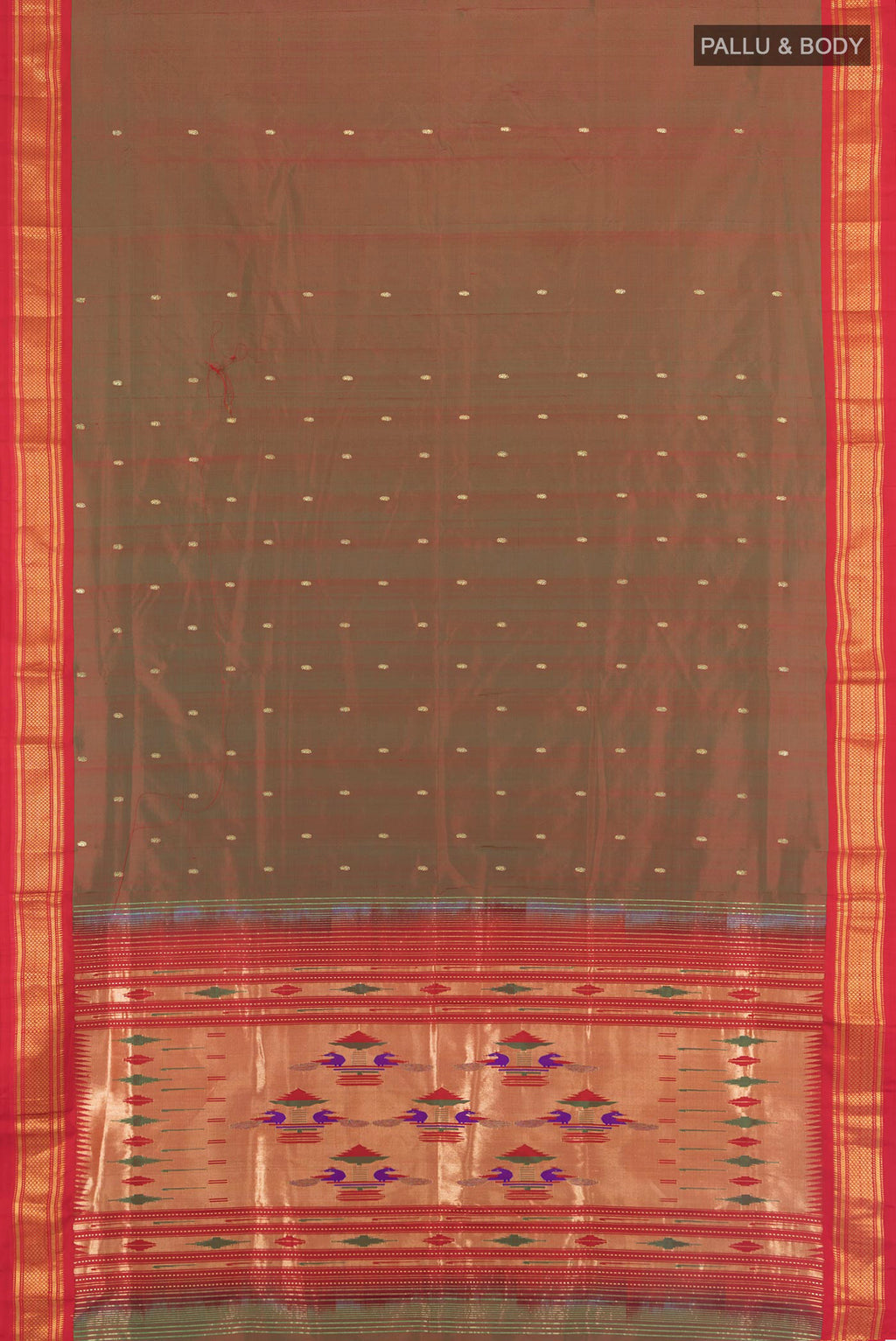 Flat view of Mehandi Green Dual Tone Paithani Silk Saree with Zari Butta on the body and Zari Border. 