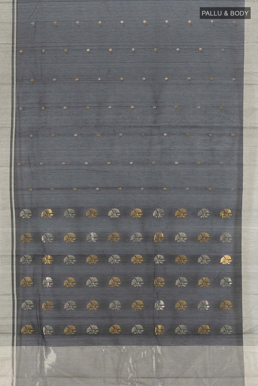 Flat view of Black Chanderi Silk Cotton Saree with Zari Butta on the body and Zari Border. 