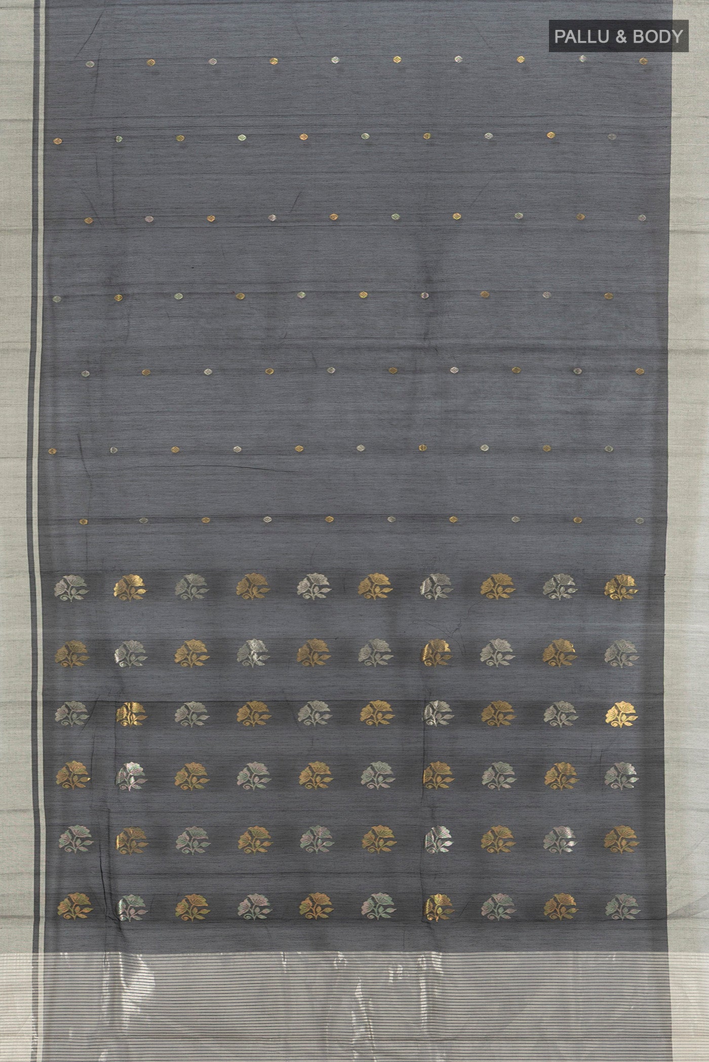 Flat view of Black Chanderi Silk Cotton Saree with Zari Butta on the body and Zari Border. 