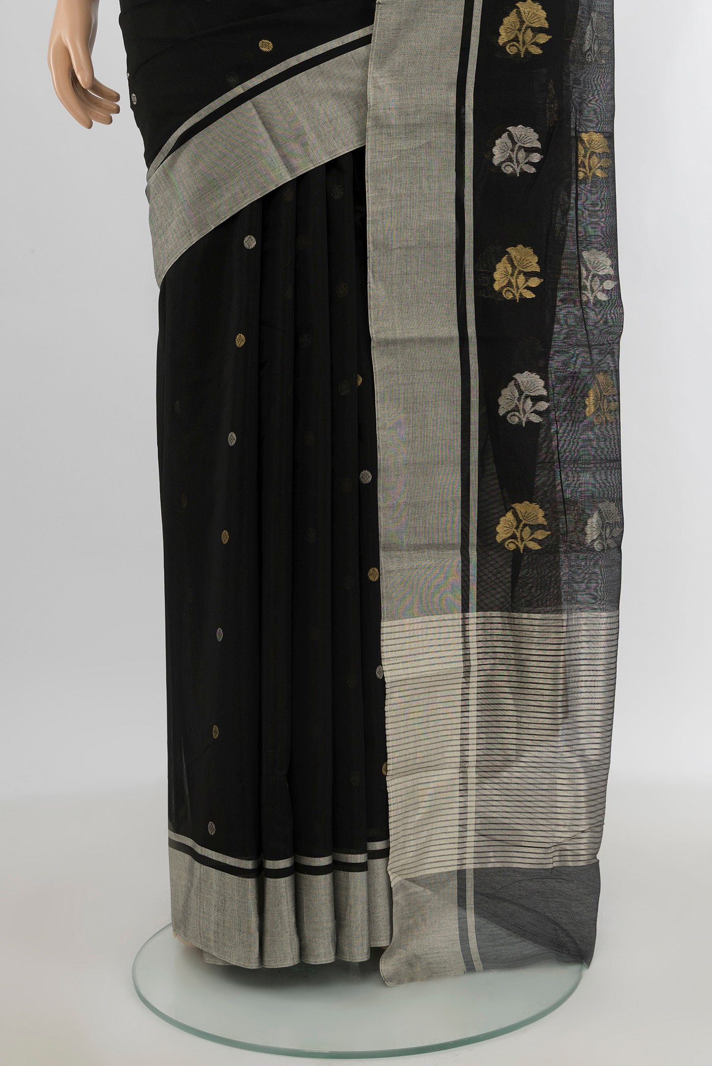 Pleats and pallu of Black Chanderi Silk Cotton Saree with Zari Butta on the body and Zari Border. 