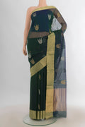 Peacock Blue Dual Tone Chanderi Cotton Saree with Zari Butta on the body and Zari Border.  displayed on a mannequin