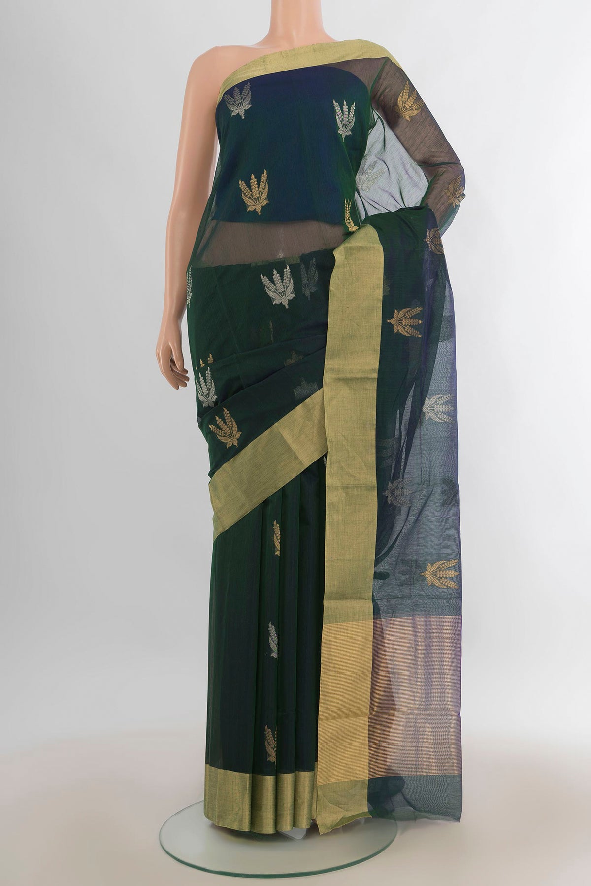 Peacock Blue Dual Tone Chanderi Cotton Saree with Zari Butta on the body and Zari Border.  displayed on a mannequin