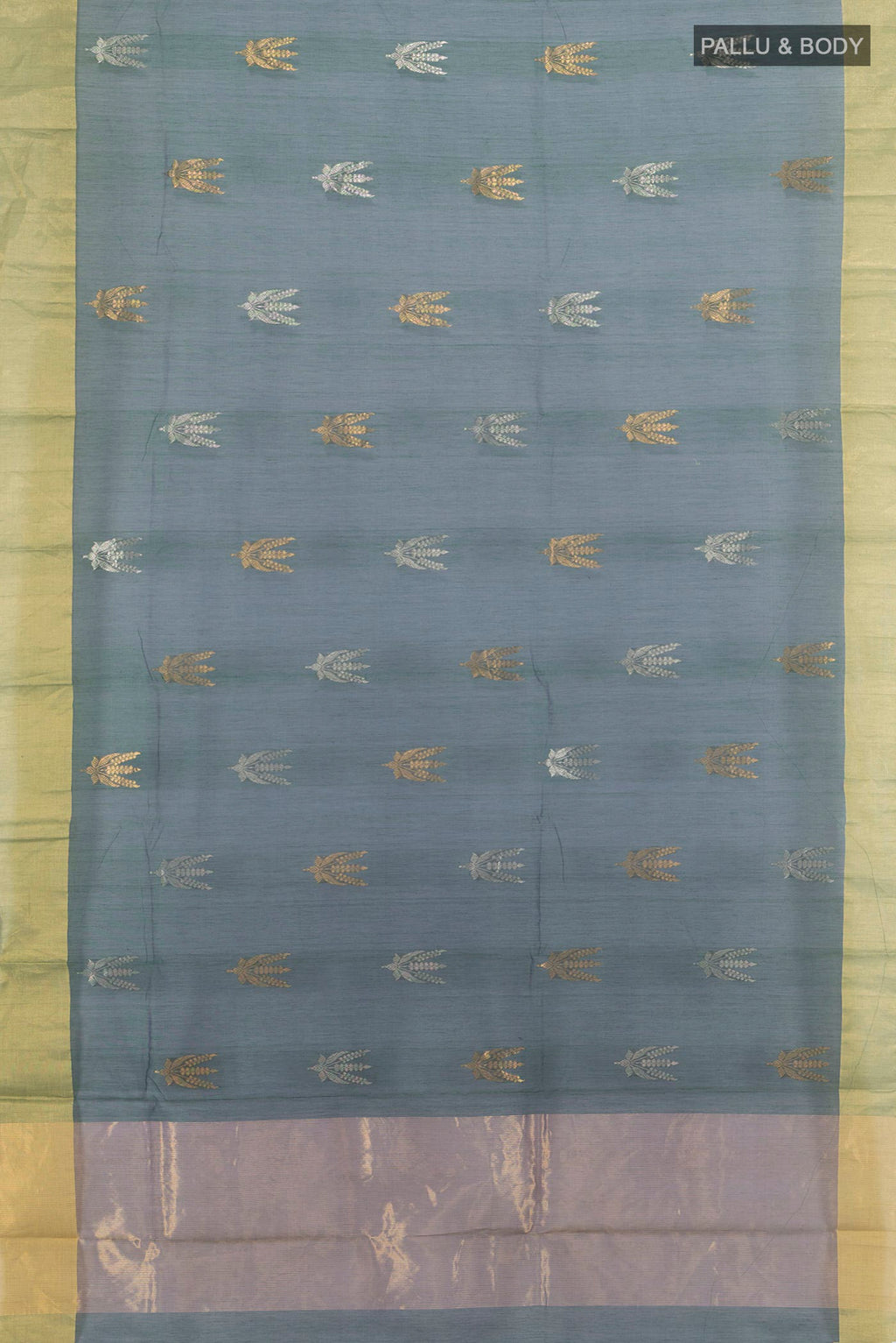 Flat view of Peacock Blue Dual Tone Chanderi Cotton Saree with Zari Butta on the body and Zari Border. 