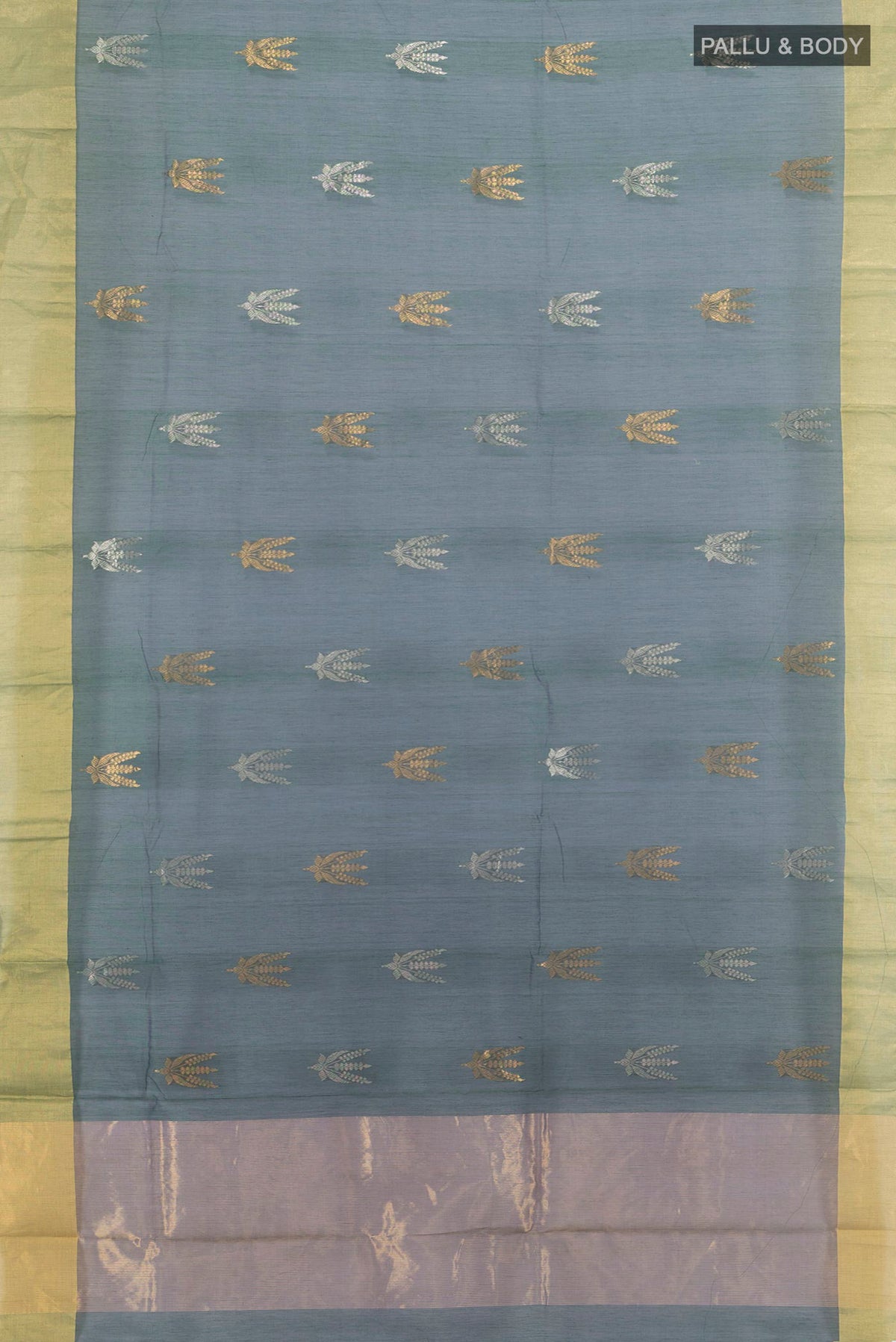 Flat view of Peacock Blue Dual Tone Chanderi Cotton Saree with Zari Butta on the body and Zari Border. 