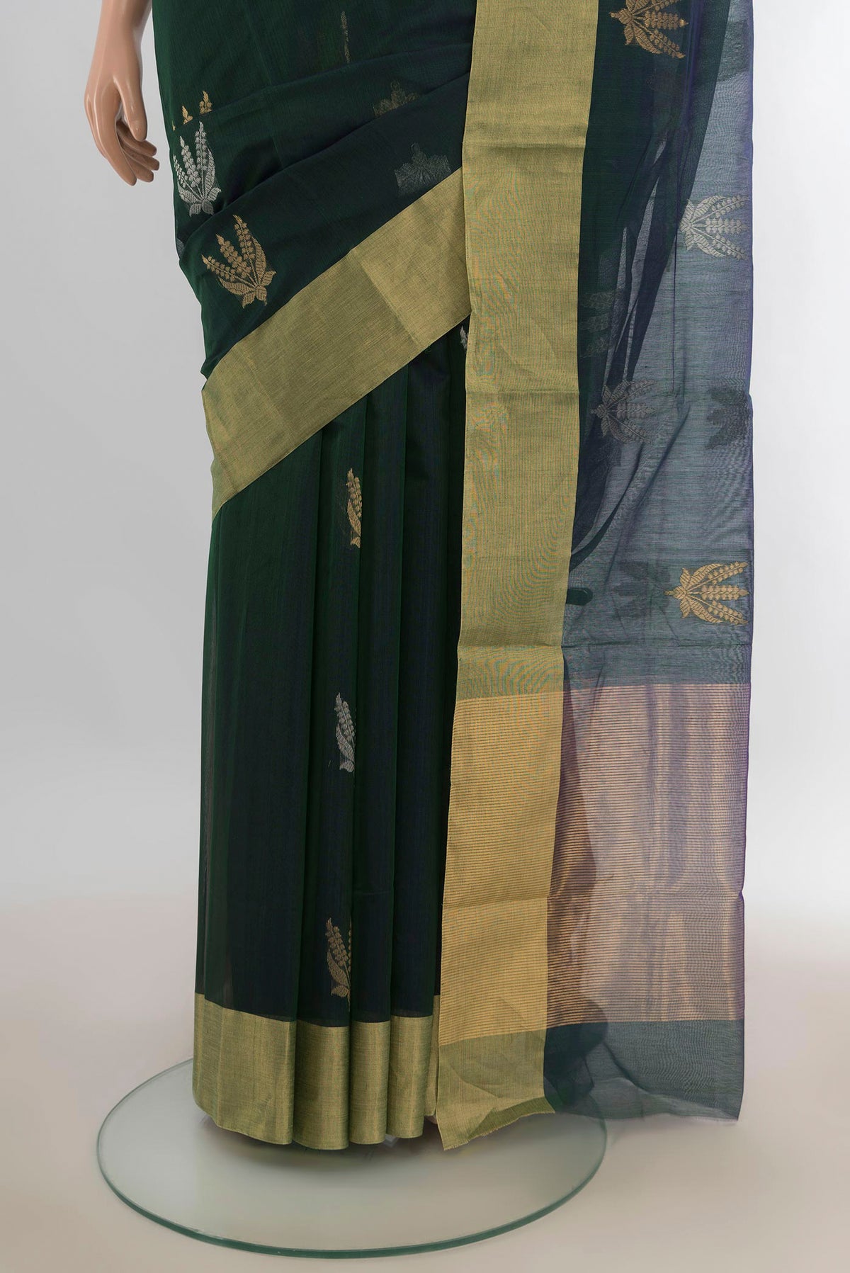 Pleats and pallu of Peacock Blue Dual Tone Chanderi Cotton Saree with Zari Butta on the body and Zari Border. 