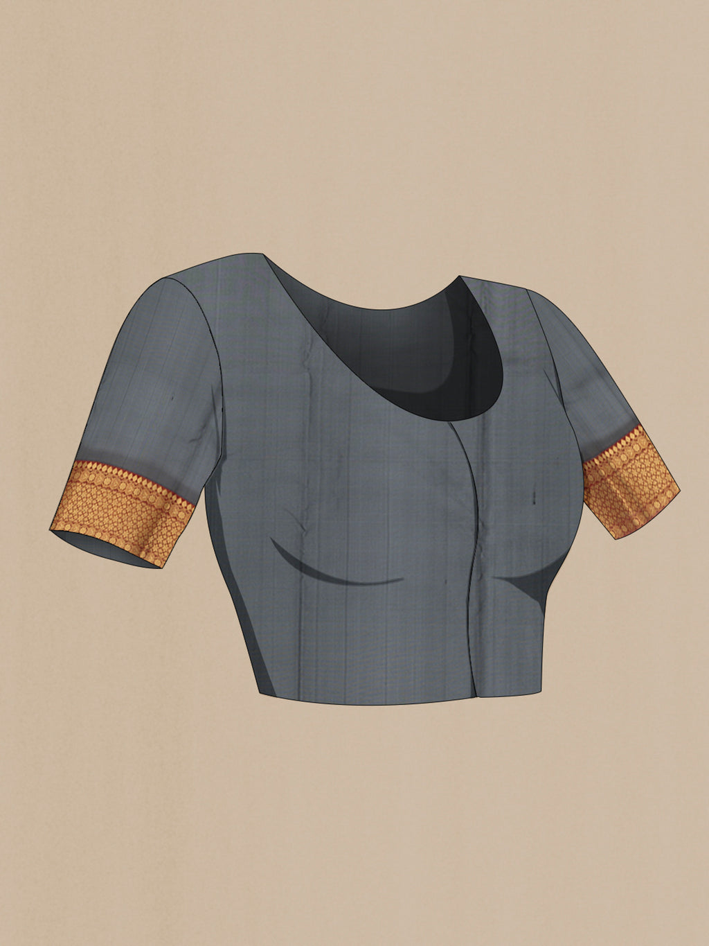 Close up image of the blouse of Black Chanderi Silk Cotton Saree with Zari Butta on the body and Zari Border. 