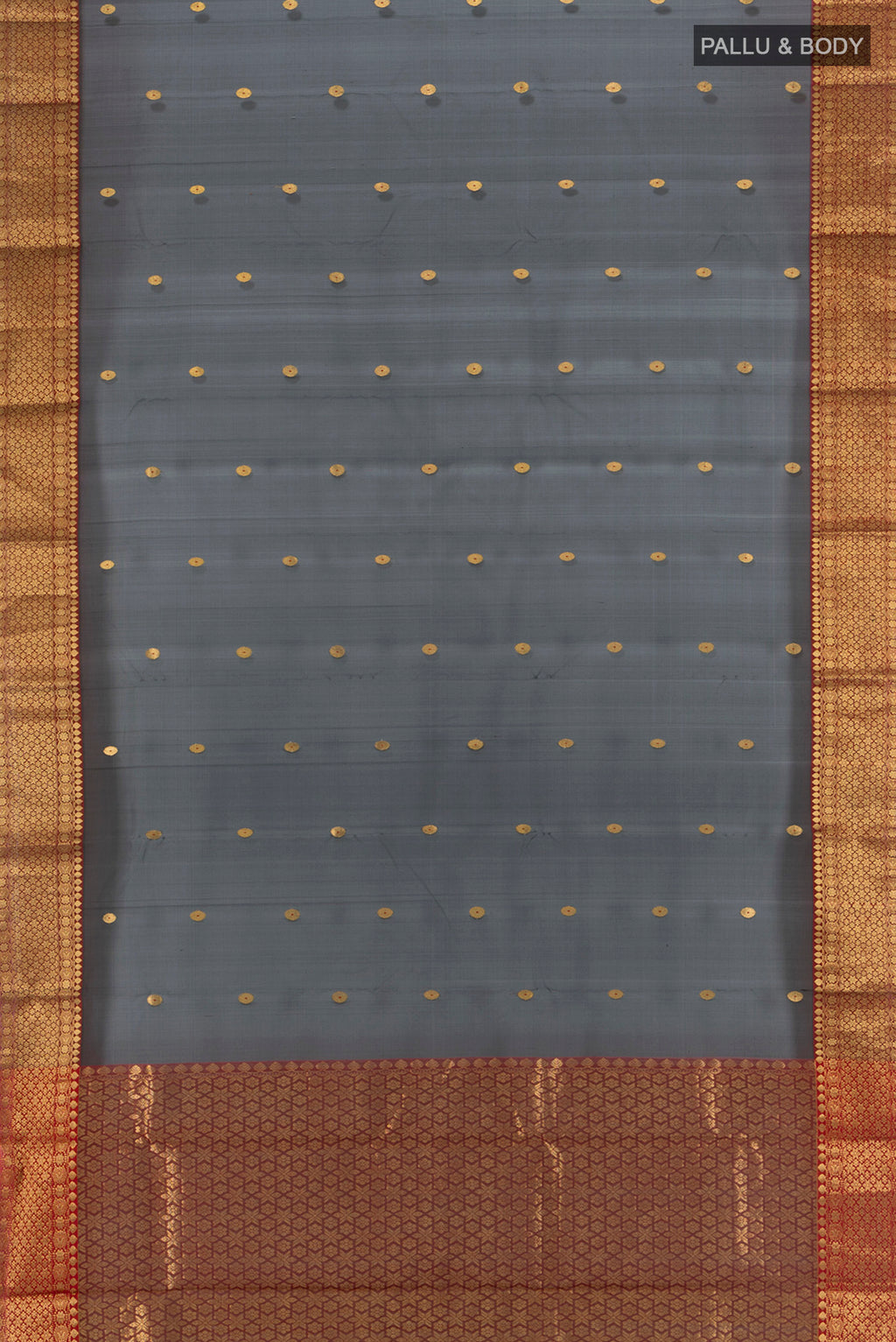 Flat view of Black Chanderi Silk Cotton Saree with Zari Butta on the body and Zari Border. 