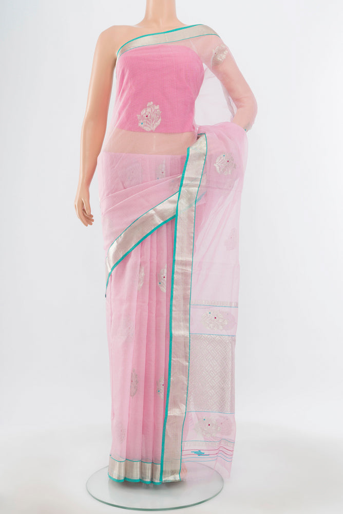 Pure Silk Pure Zari Rose pink Kota Saree with Zari Butta on the body and Silk Border.  displayed on a mannequin