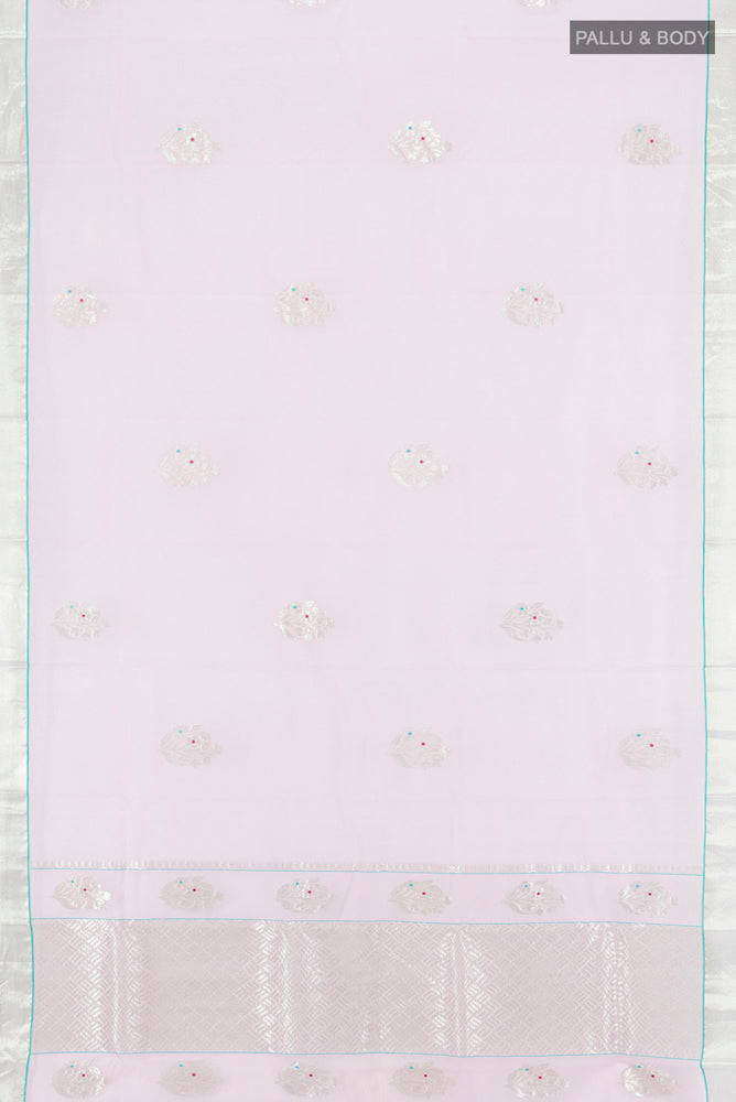 Flat view of Pure Silk Pure Zari Rose pink Kota Saree with Zari Butta on the body and Silk Border. 