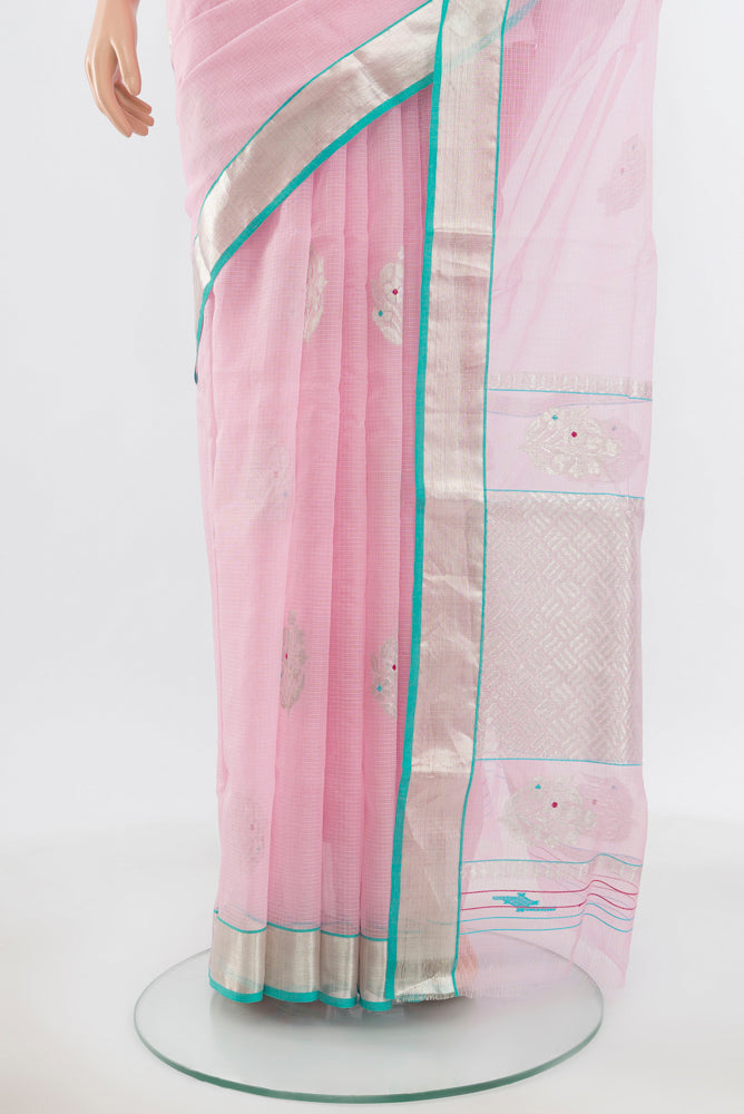 Pleats and pallu of Pure Silk Pure Zari Rose pink Kota Saree with Zari Butta on the body and Silk Border. 