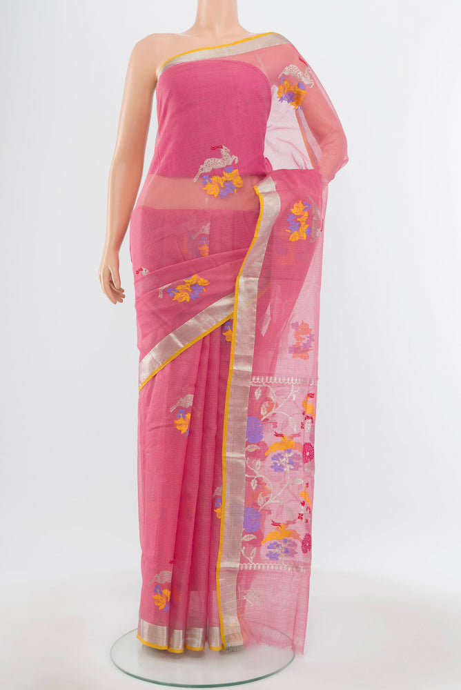 Pure Silk Pure Zari Peach Kota Saree with Zari Butta on the body and Silk Border.  displayed on a mannequin
