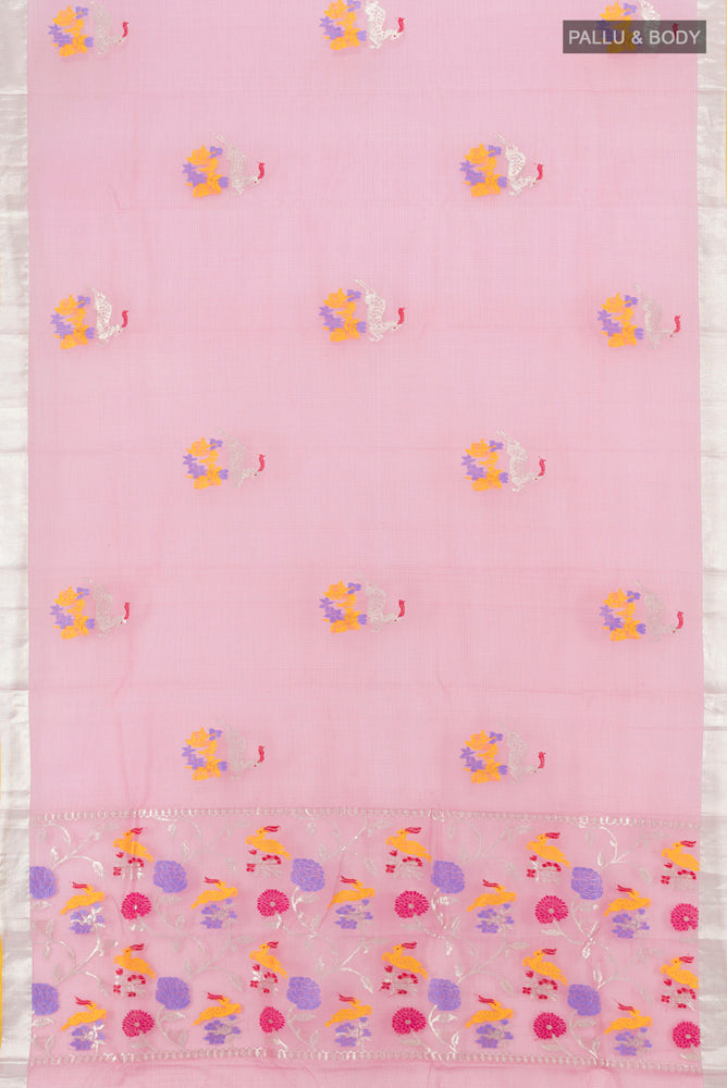 Flat view of Pure Silk Pure Zari Peach Kota Saree with Zari Butta on the body and Silk Border. 