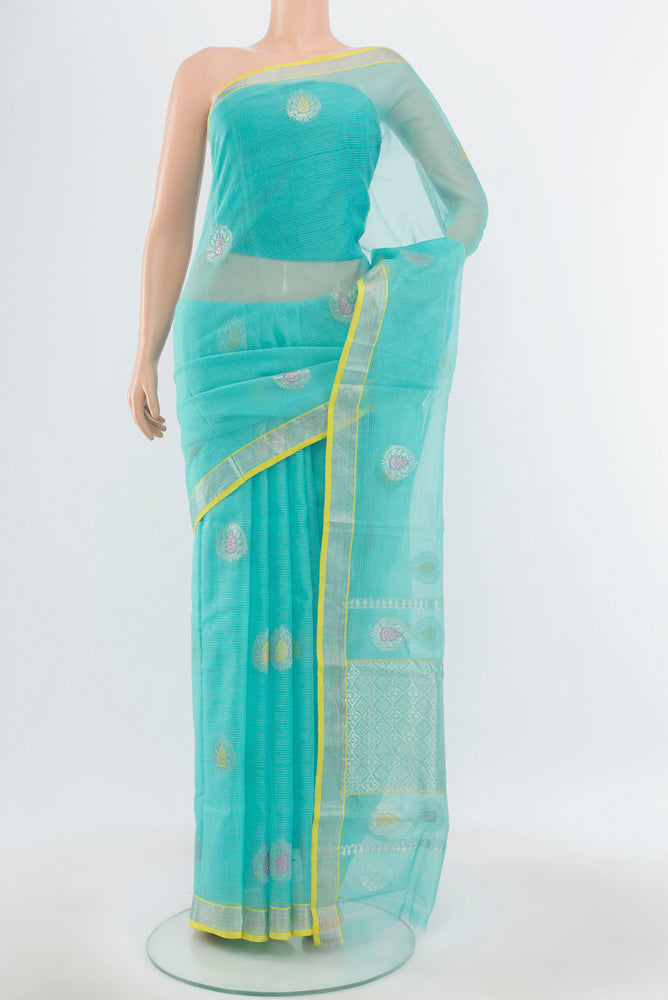 Pure Silk Pure Zari Sky Blue Kota Saree with Zari Butta on the body and Silk Border.  displayed on a mannequin
