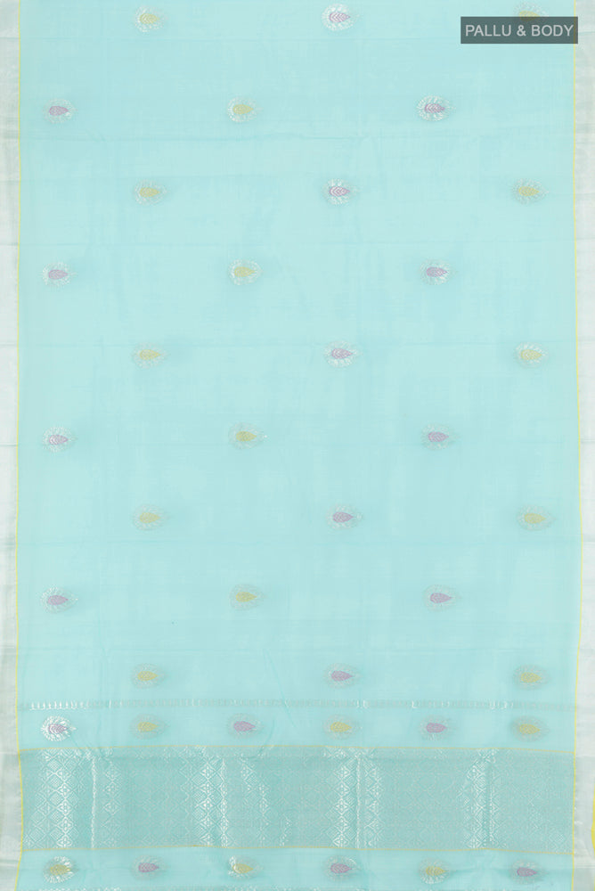 Flat view of Pure Silk Pure Zari Sky Blue Kota Saree with Zari Butta on the body and Silk Border. 
