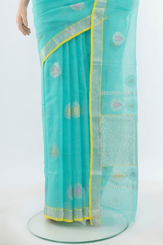 Pleats and pallu of Pure Silk Pure Zari Sky Blue Kota Saree with Zari Butta on the body and Silk Border. 