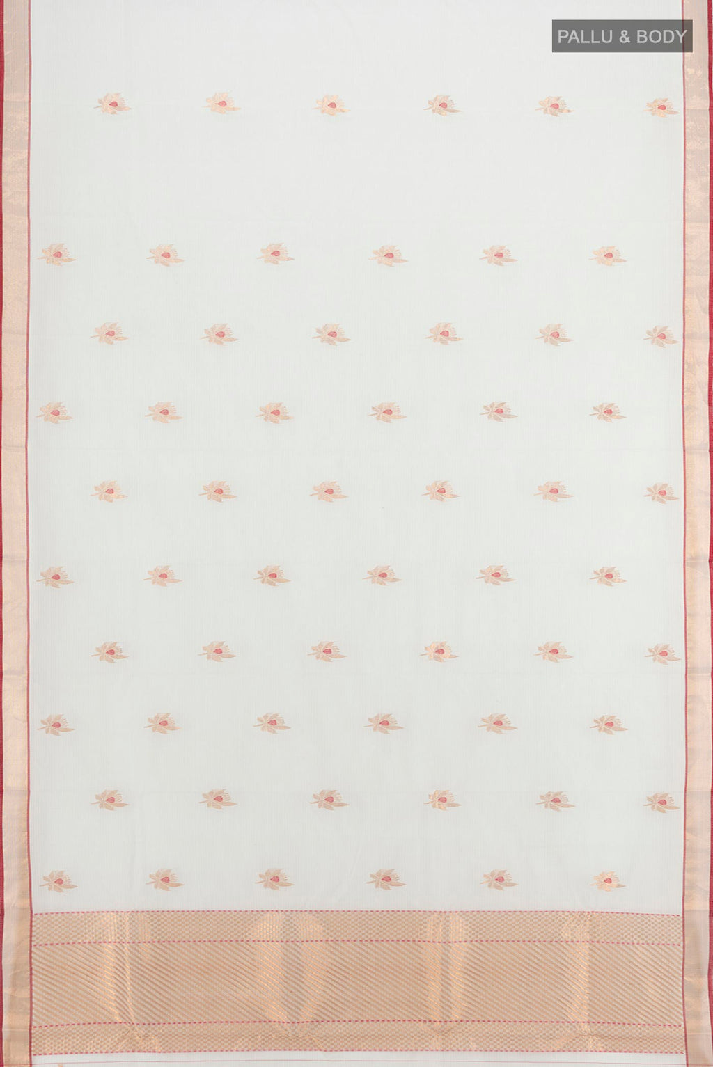 Flat view of White Kota Silk Saree with Zari Butta on the body and Zari Border. 