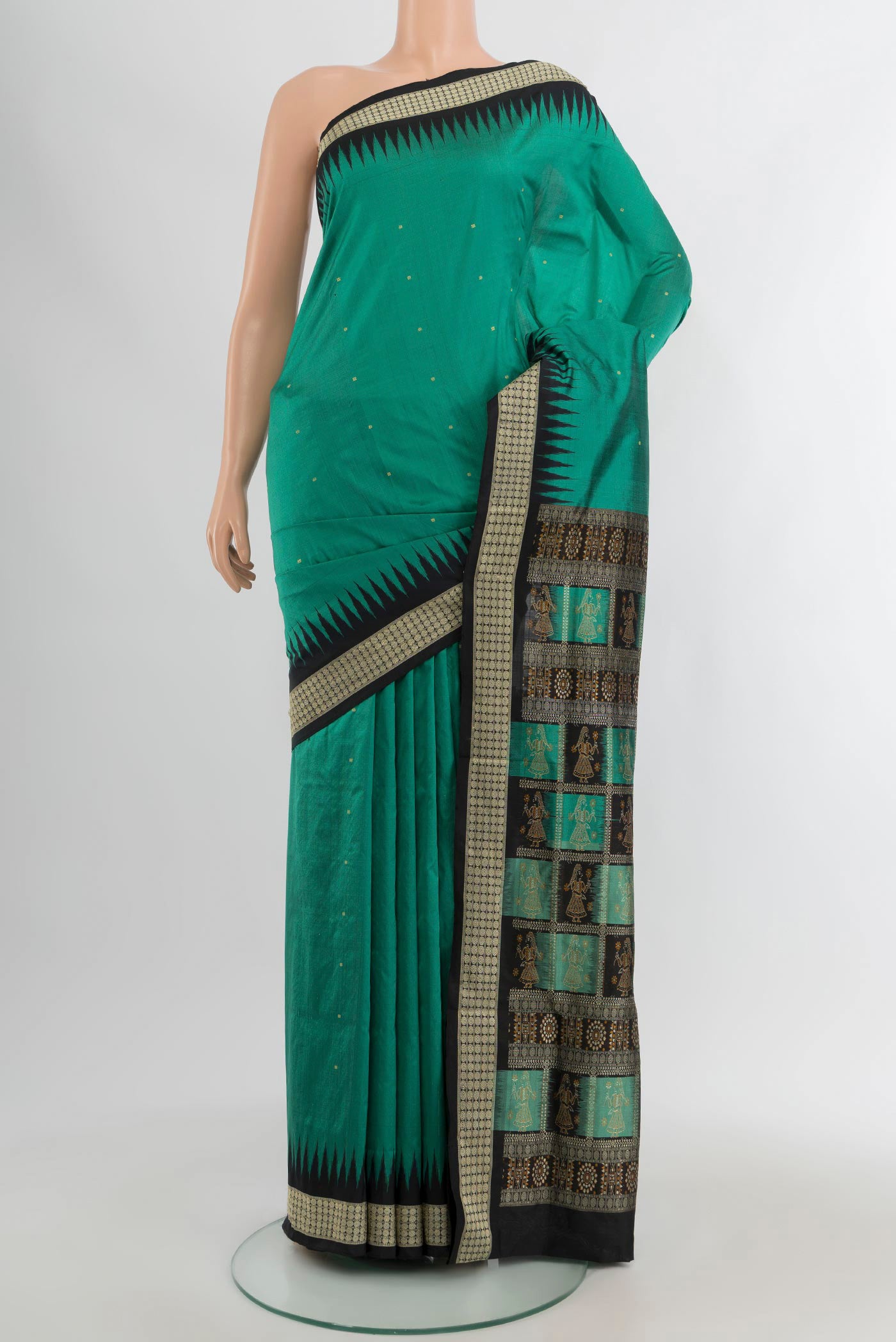 Turquoise Orissa Silk Saree with Thread Butta on the body and Thread Border.  displayed on a mannequin