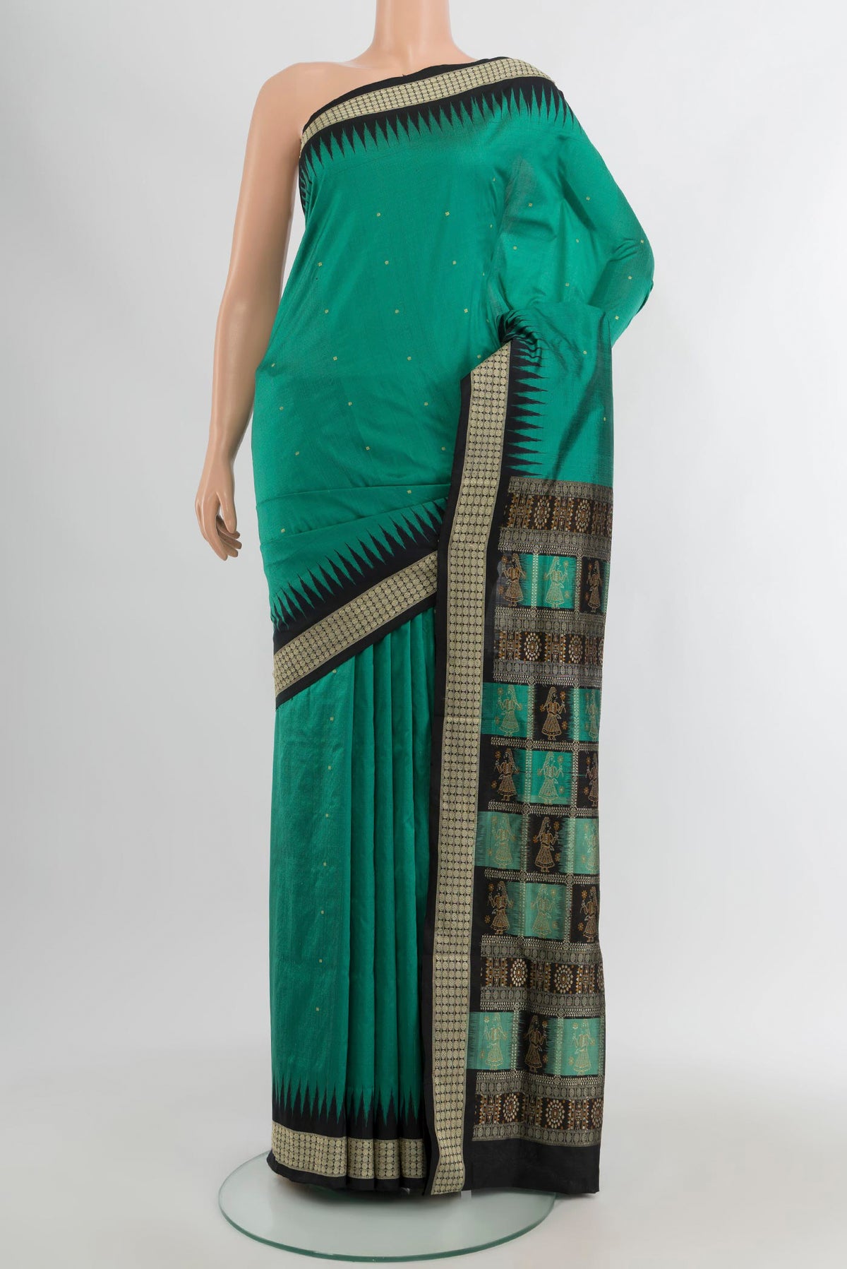 Turquoise Orissa Silk Saree with Thread Butta on the body and Thread Border.  displayed on a mannequin