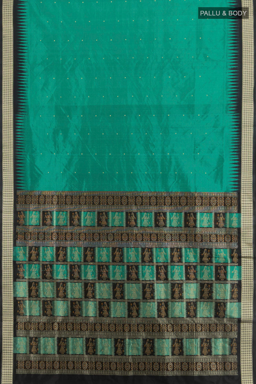 Flat view of Turquoise Orissa Silk Saree with Thread Butta on the body and Thread Border. 