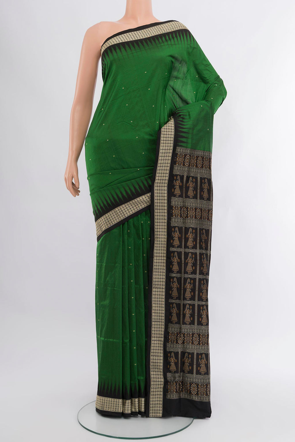Bottle Green Orissa Silk Saree with Thread Butta on the body and Thread Border.  displayed on a mannequin