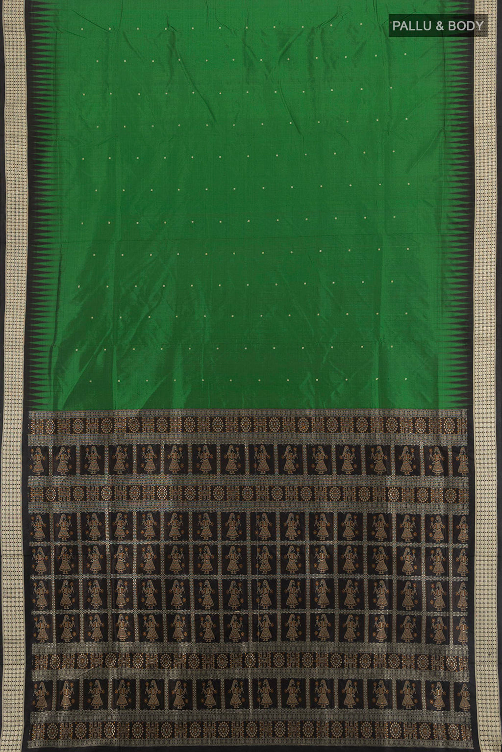 Flat view of Bottle Green Orissa Silk Saree with Thread Butta on the body and Thread Border. 