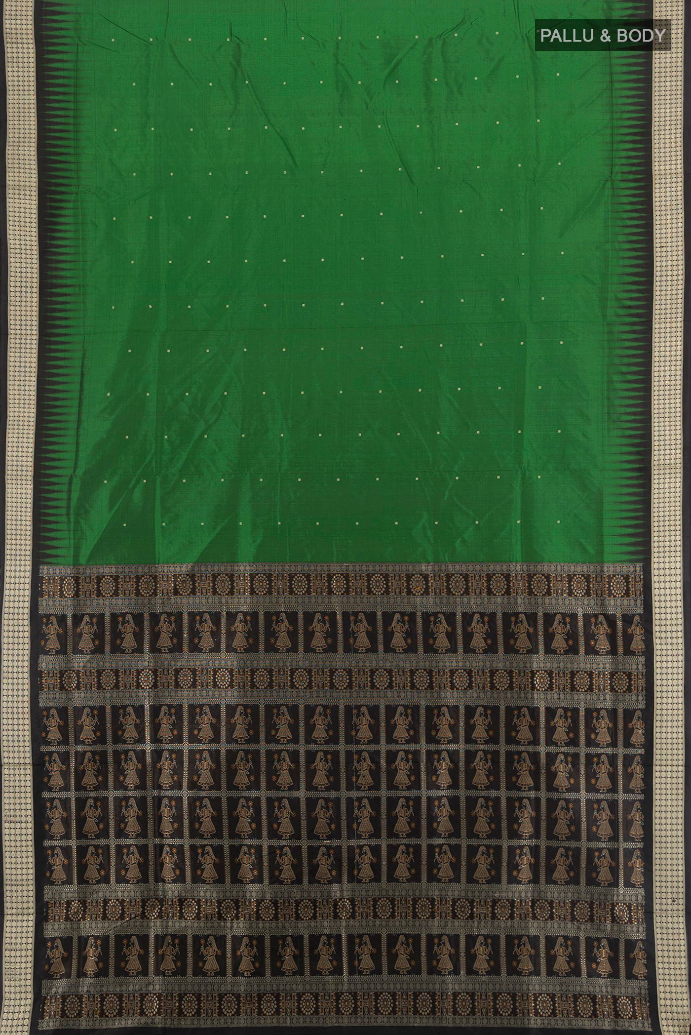 Flat view of Bottle Green Orissa Silk Saree with Thread Butta on the body and Thread Border. 