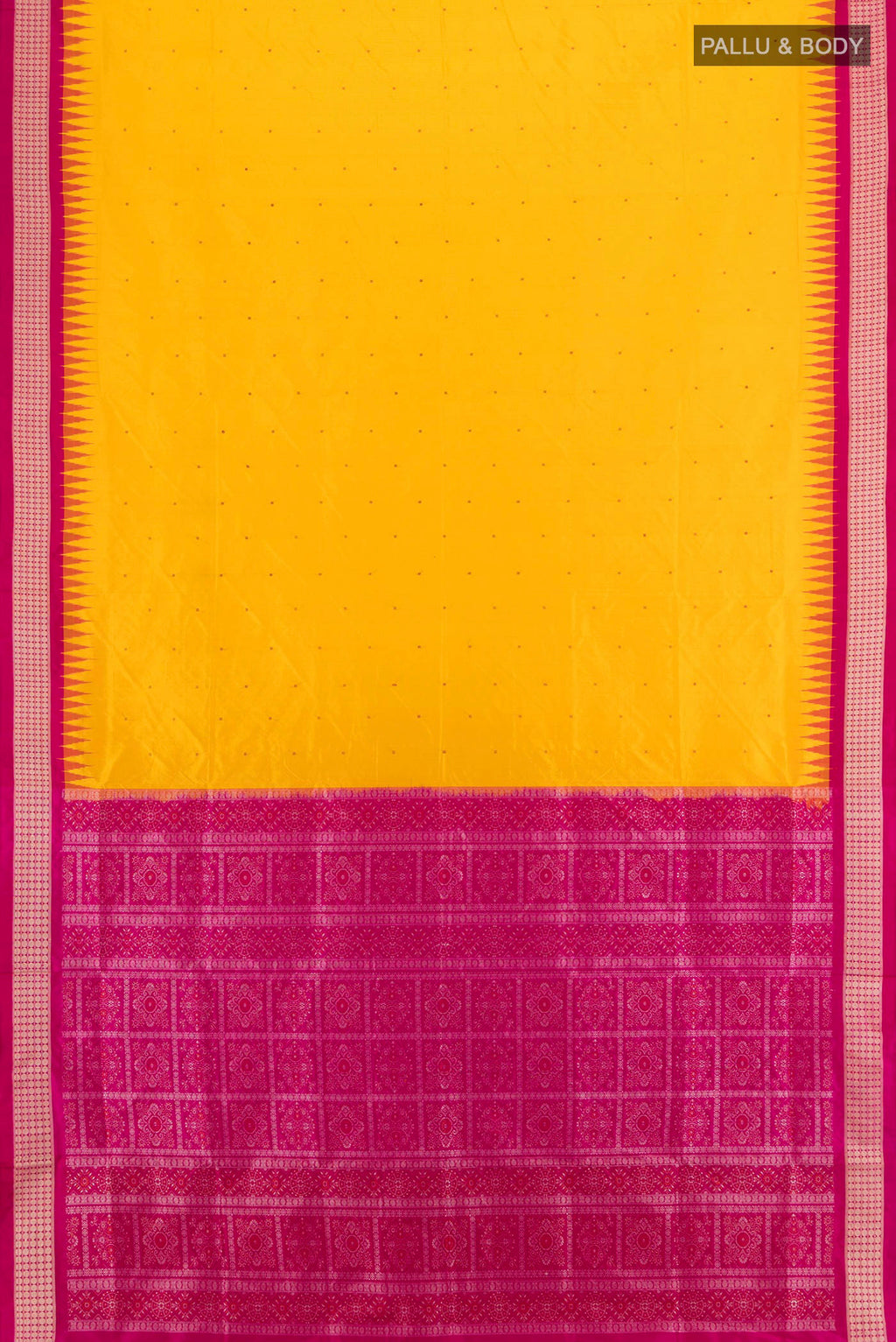 Flat view of Yellow Orissa Silk Saree with Thread Butta on the body and Thread Border. 