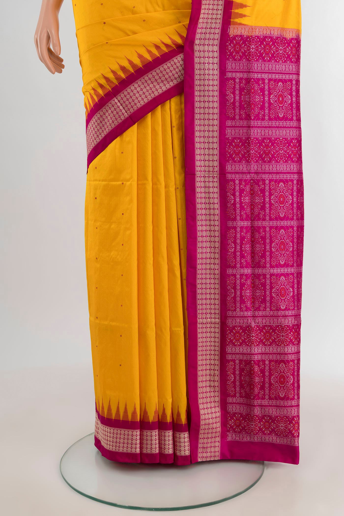Pleats and pallu of Yellow Orissa Silk Saree with Thread Butta on the body and Thread Border. 