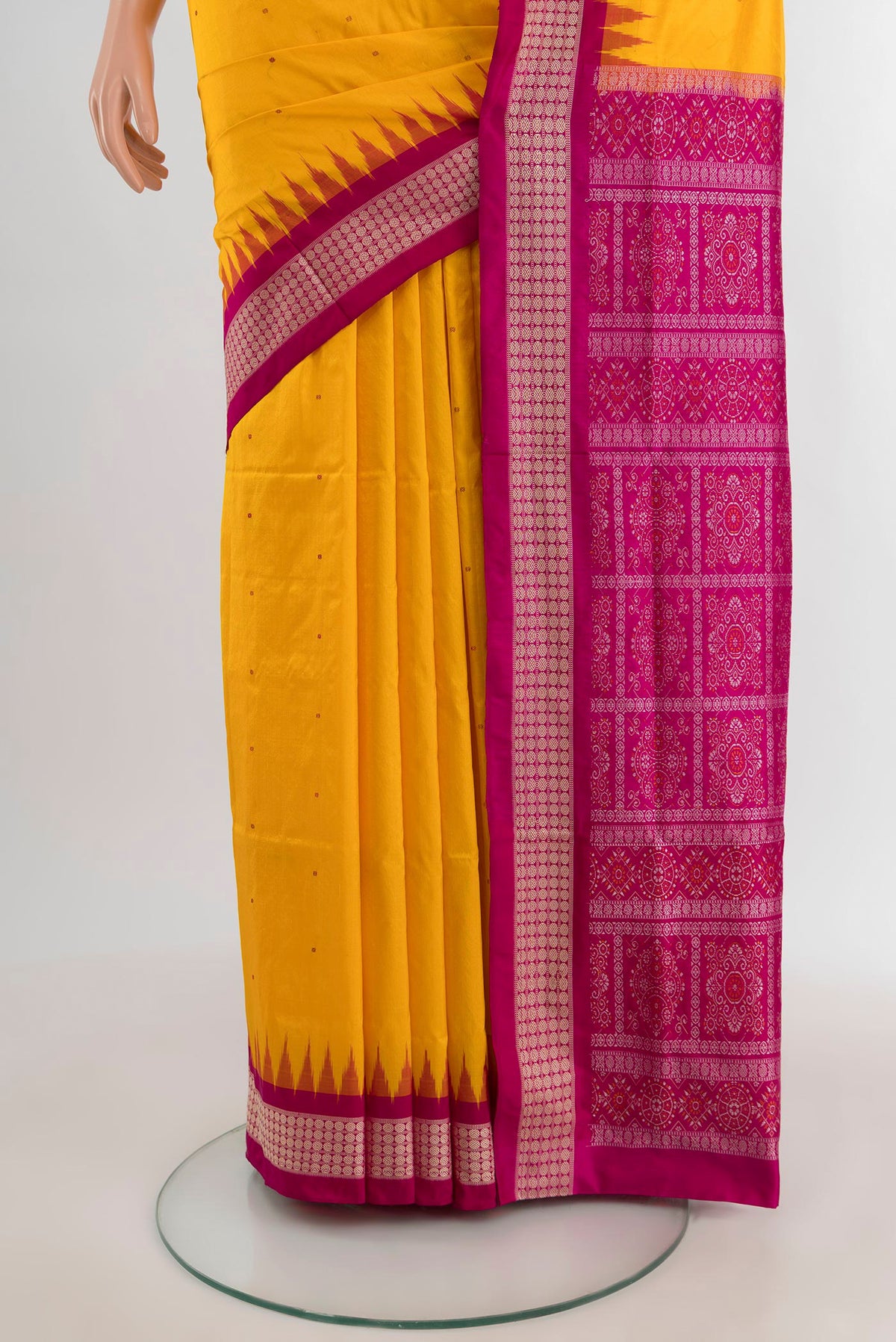 Pleats and pallu of Yellow Orissa Silk Saree with Thread Butta on the body and Thread Border. 