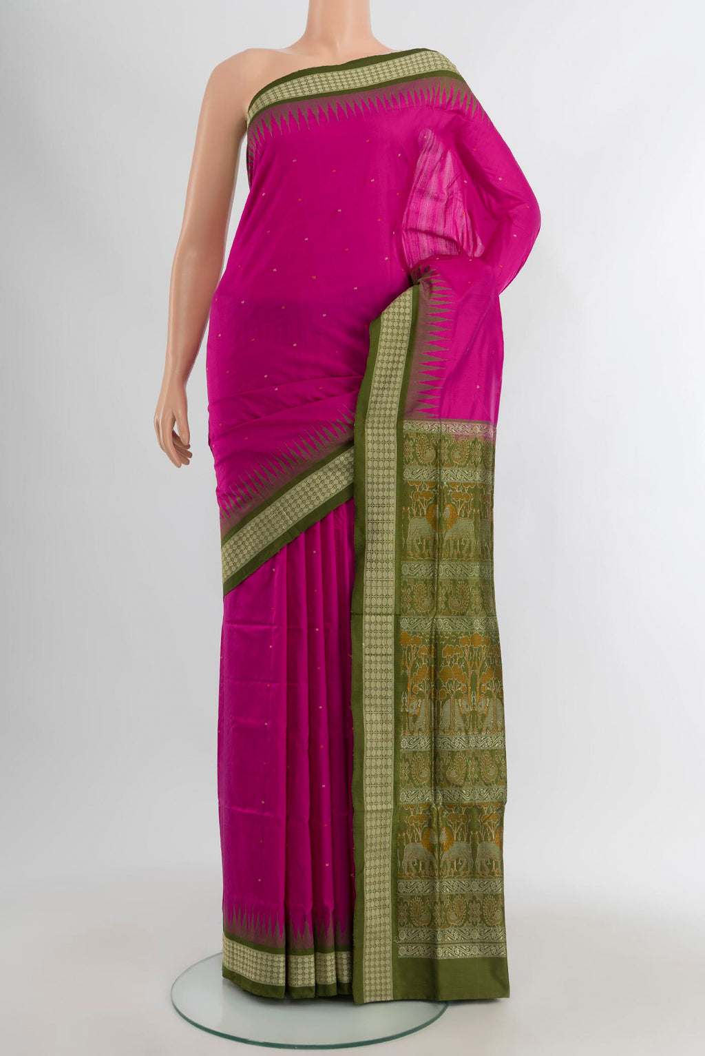 Magenta Orissa Silk Saree with Thread Butta on the body and Thread Border.  displayed on a mannequin