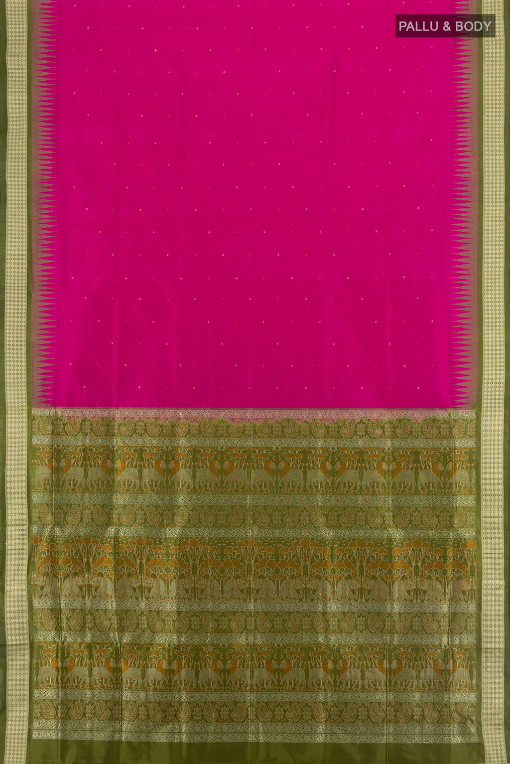 Flat view of Magenta Orissa Silk Saree with Thread Butta on the body and Thread Border. 