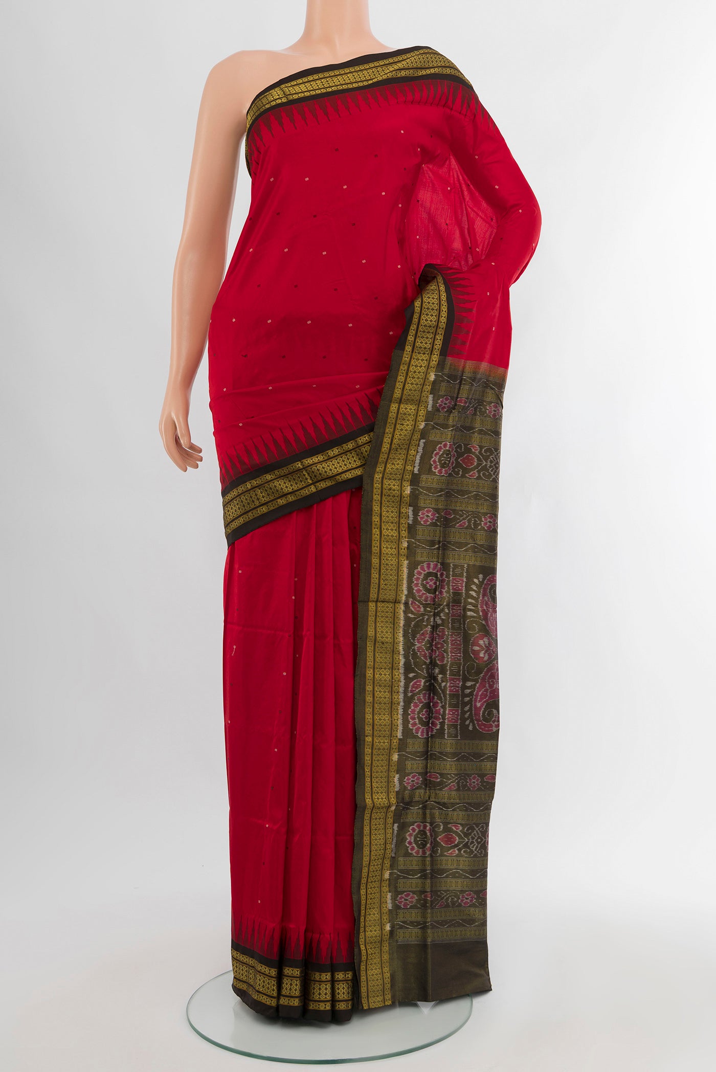 Red Orissa Silk Saree with Thread Butta on the body and Thread Border.  displayed on a mannequin