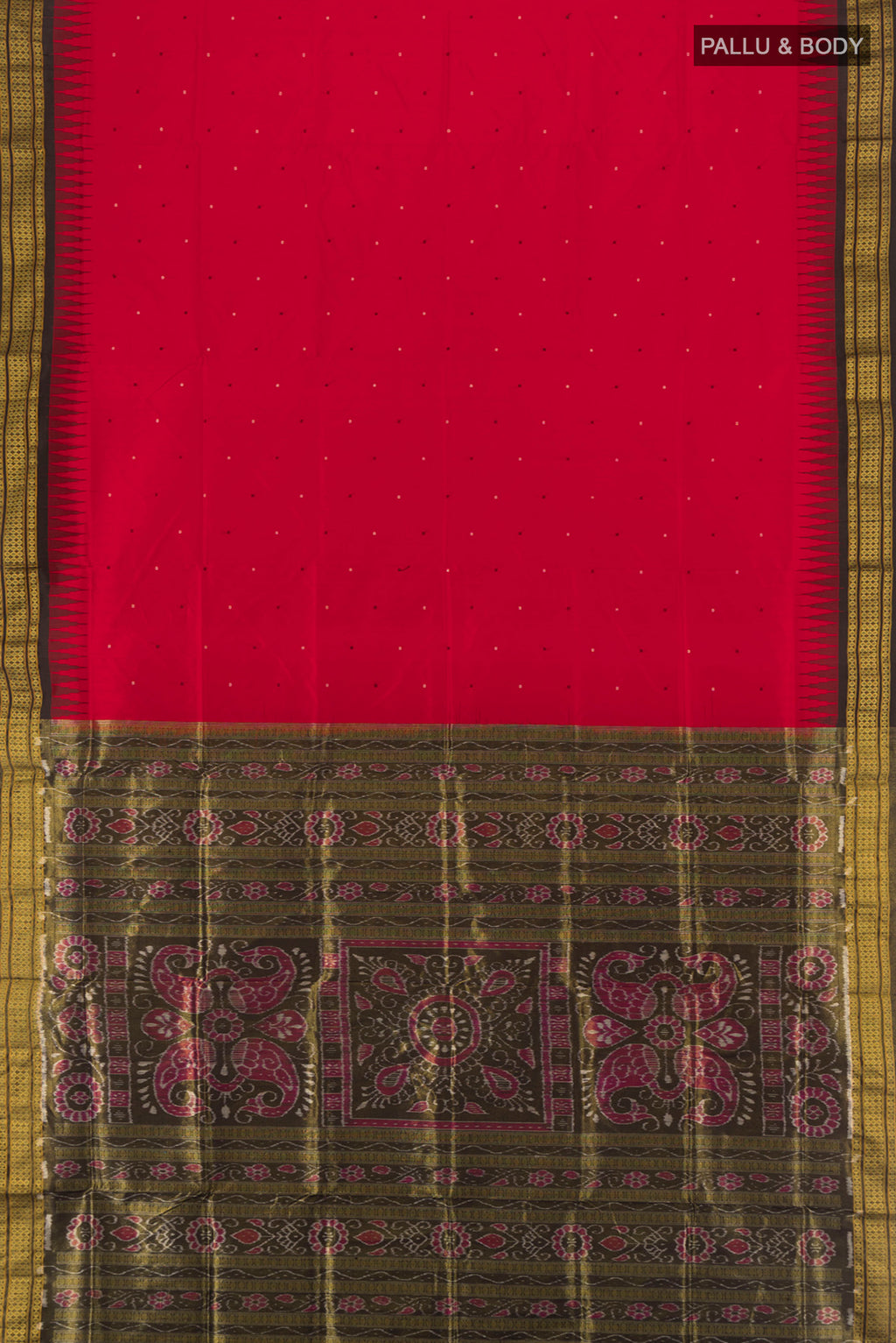 Flat view of Red Orissa Silk Saree with Thread Butta on the body and Thread Border. 