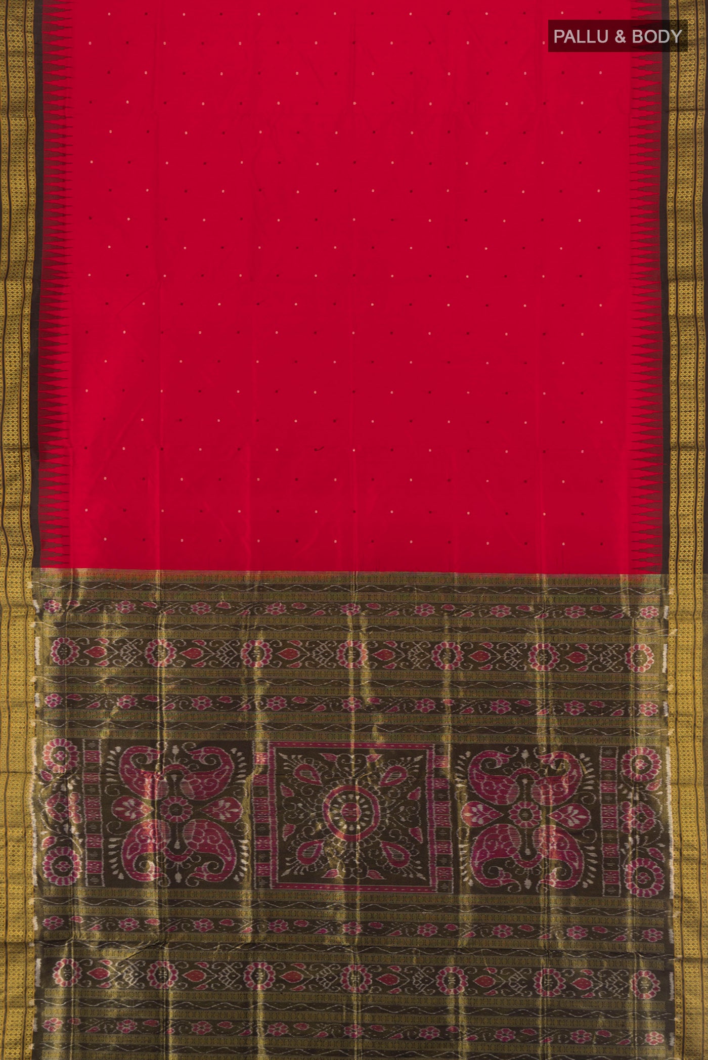 Flat view of Red Orissa Silk Saree with Thread Butta on the body and Thread Border. 