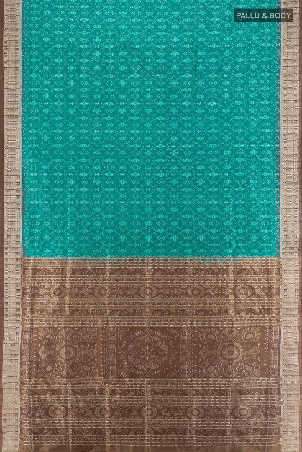 Flat view of Pure Silk Turquoise Orissa Saree with Pure Ikat on the body and Thread Border. 