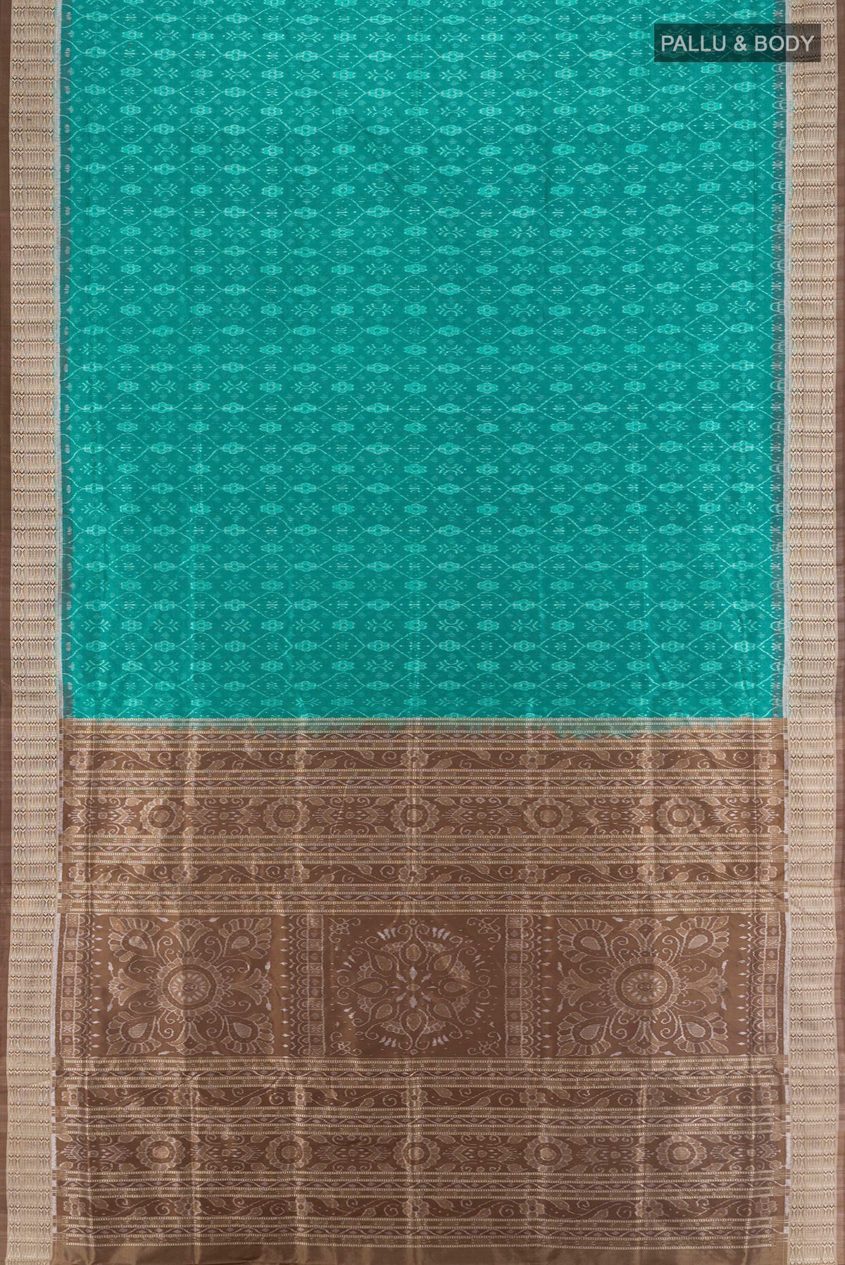 Flat view of Pure Silk Turquoise Orissa Saree with Pure Ikat on the body and Thread Border. 