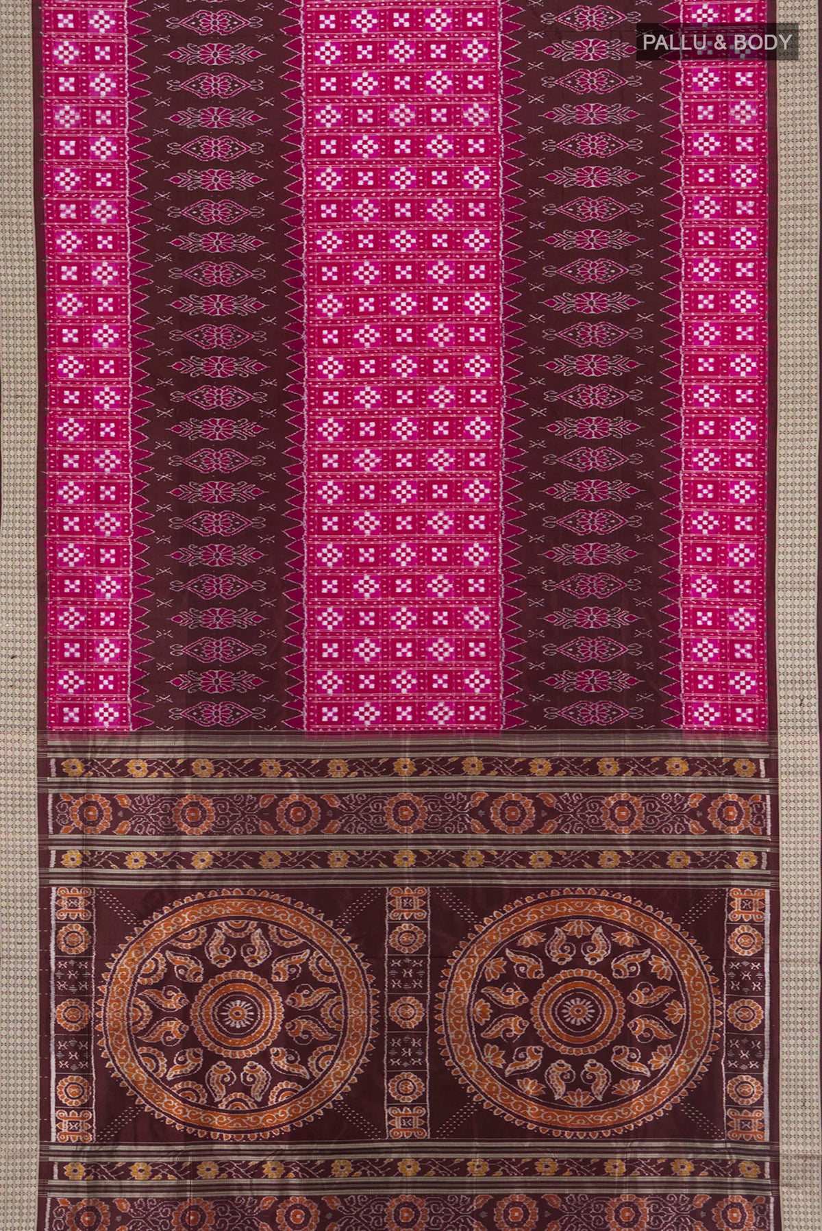 Flat view of Multi Color Orissa Silk Saree with Pure Ikat on the body and Thread Border. 