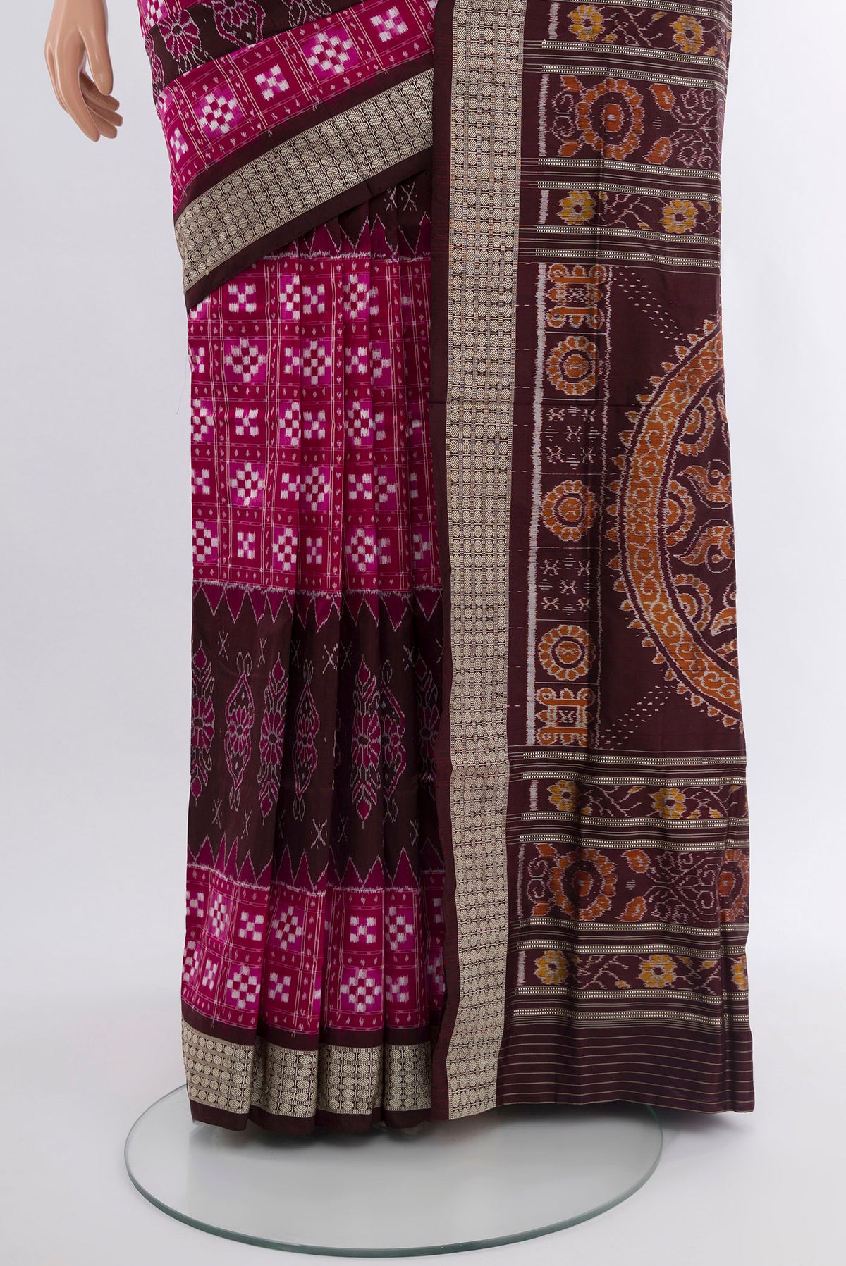 Pleats and pallu of Multi Color Orissa Silk Saree with Pure Ikat on the body and Thread Border. 