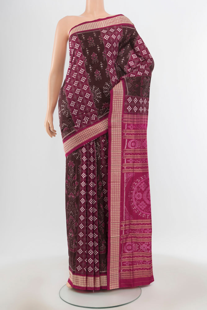 Multi Color Orissa Silk Saree with Ikat Print on the body and Silk Border.  displayed on a mannequin