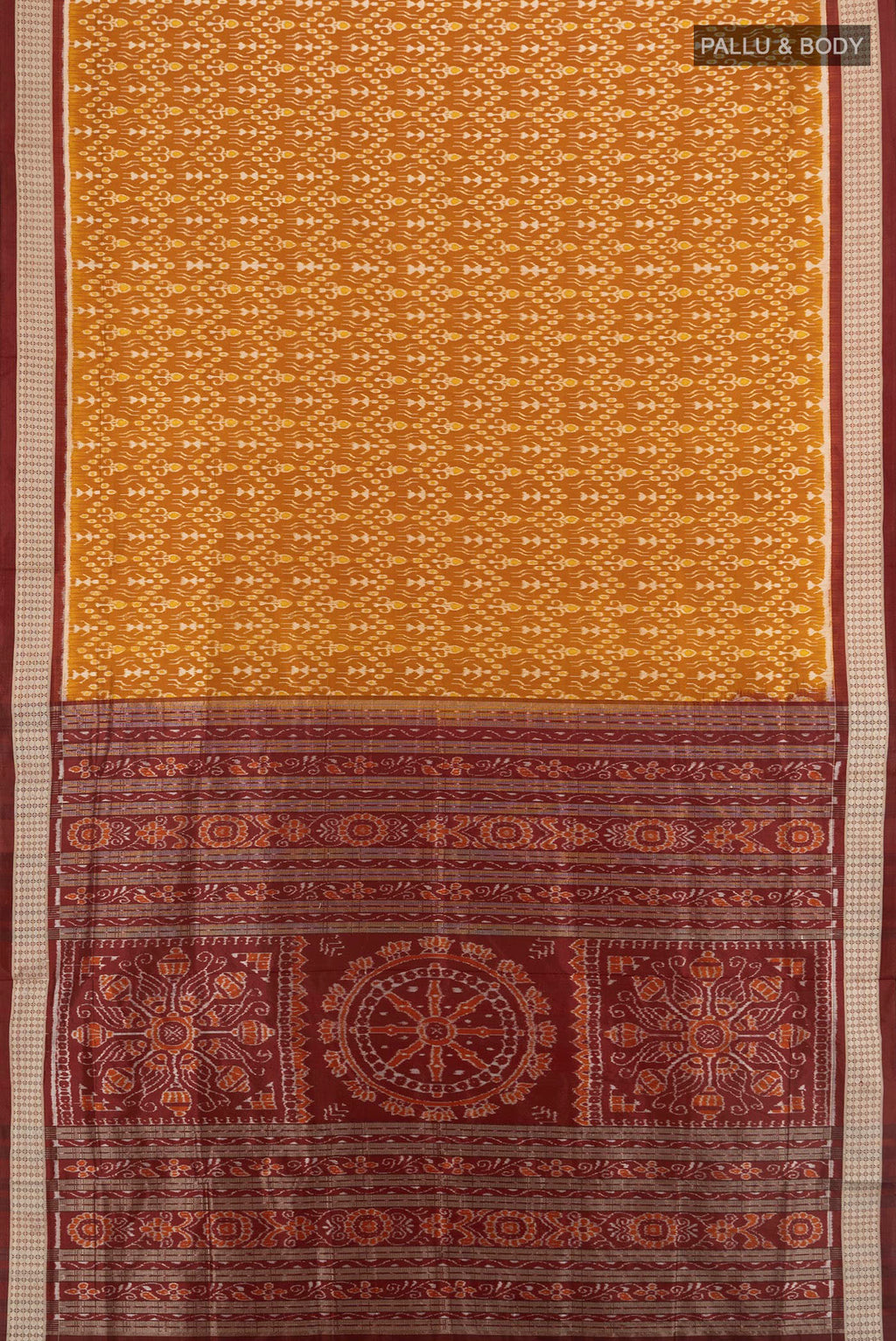 Flat view of Mustard Orissa Silk Saree with Pure Ikat on the body and Thread Border. 