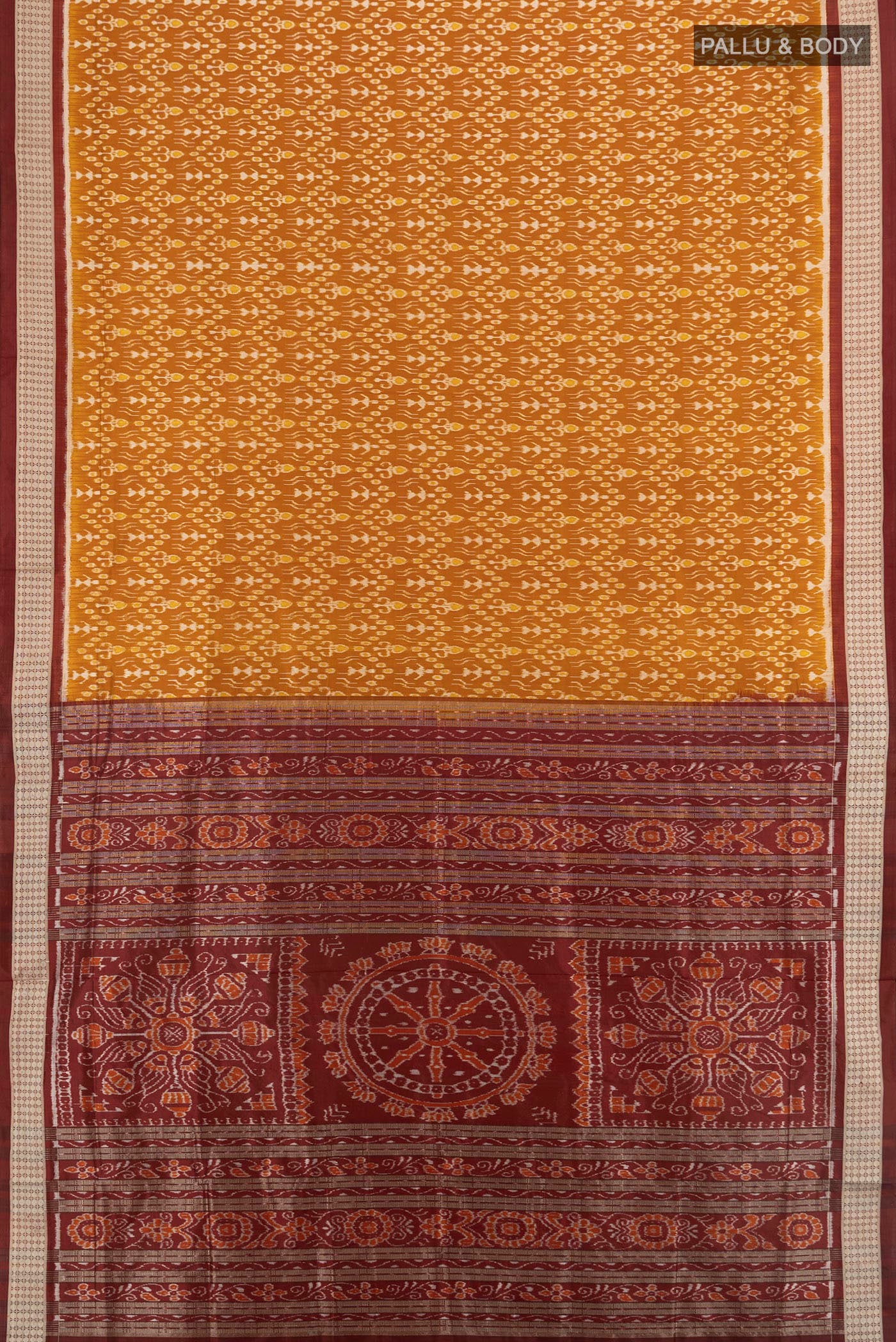 Flat view of Mustard Orissa Silk Saree with Pure Ikat on the body and Thread Border. 