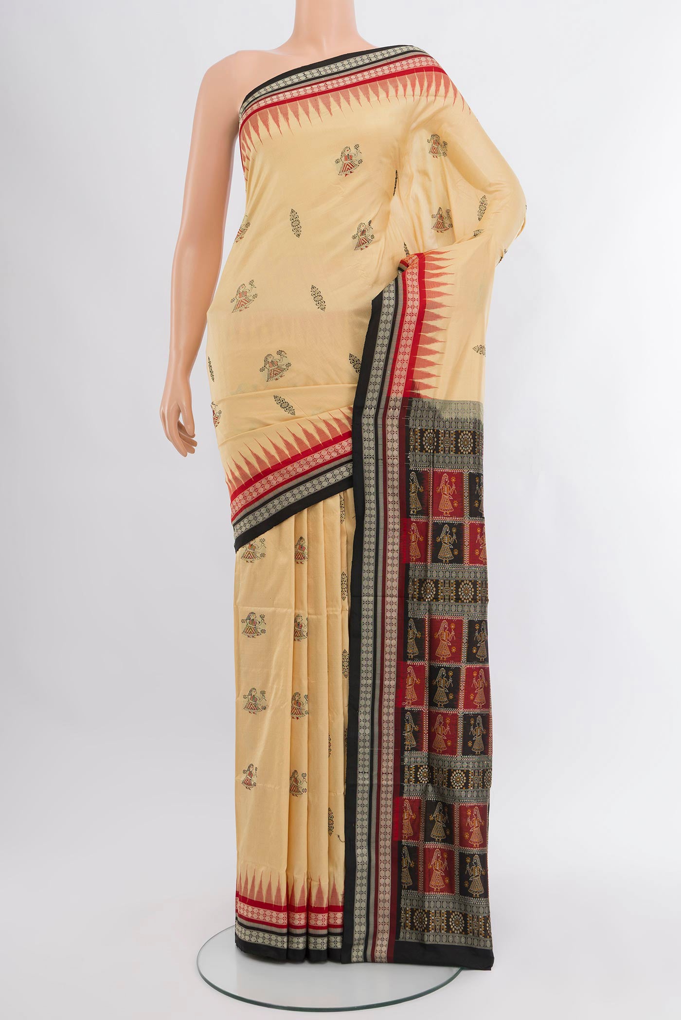 Sandal Orissa Silk Saree with Thread Butta on the body and Thread Border.  displayed on a mannequin